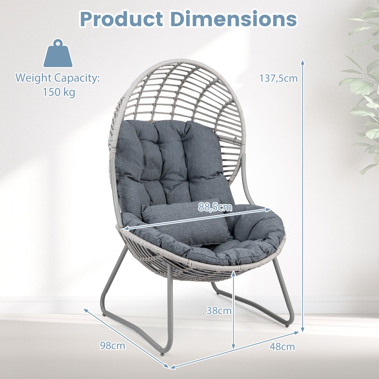 Costway Tuinstoel van PE-rattan Loungestoel met Afneembare Zit- en Rugkussens Korfsstoel met Metalen Frame