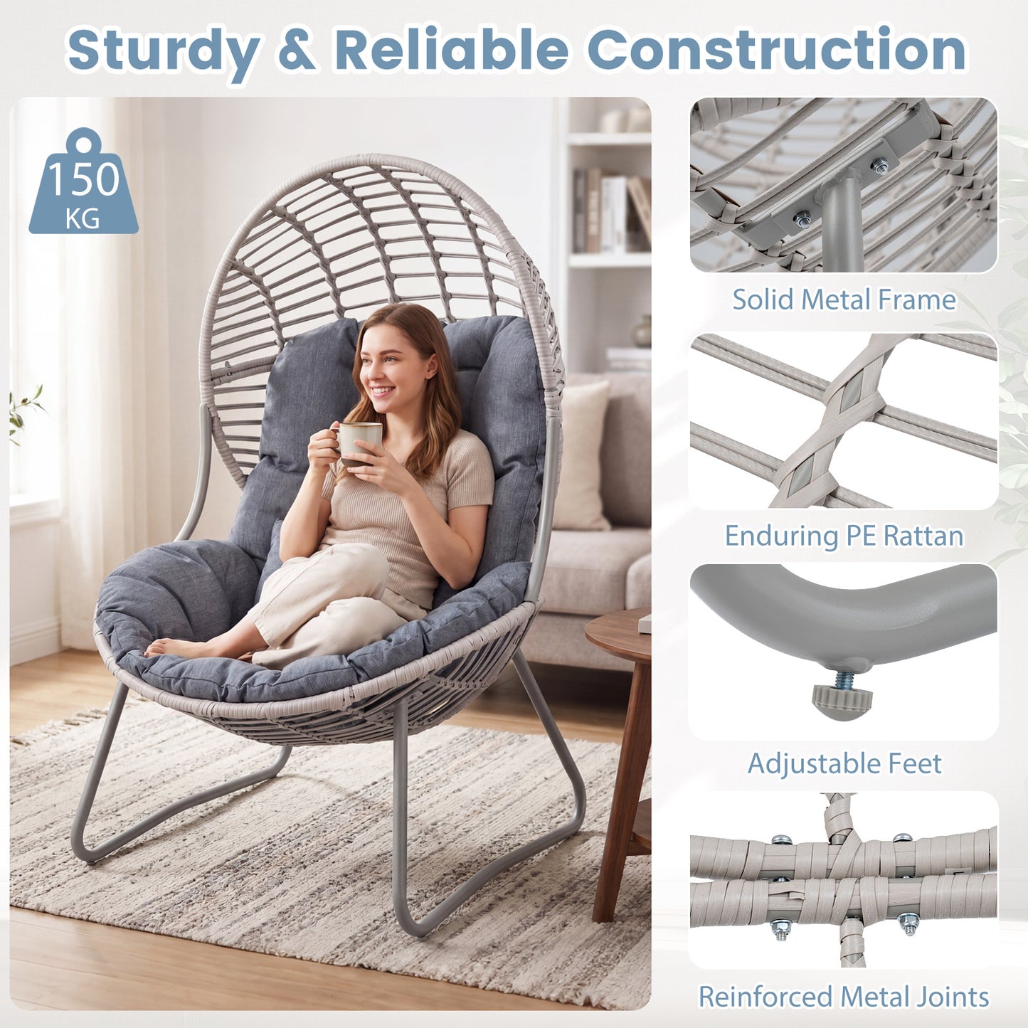 Costway Tuinstoel van PE-rattan Loungestoel met Afneembare Zit- en Rugkussens Korfsstoel met Metalen Frame