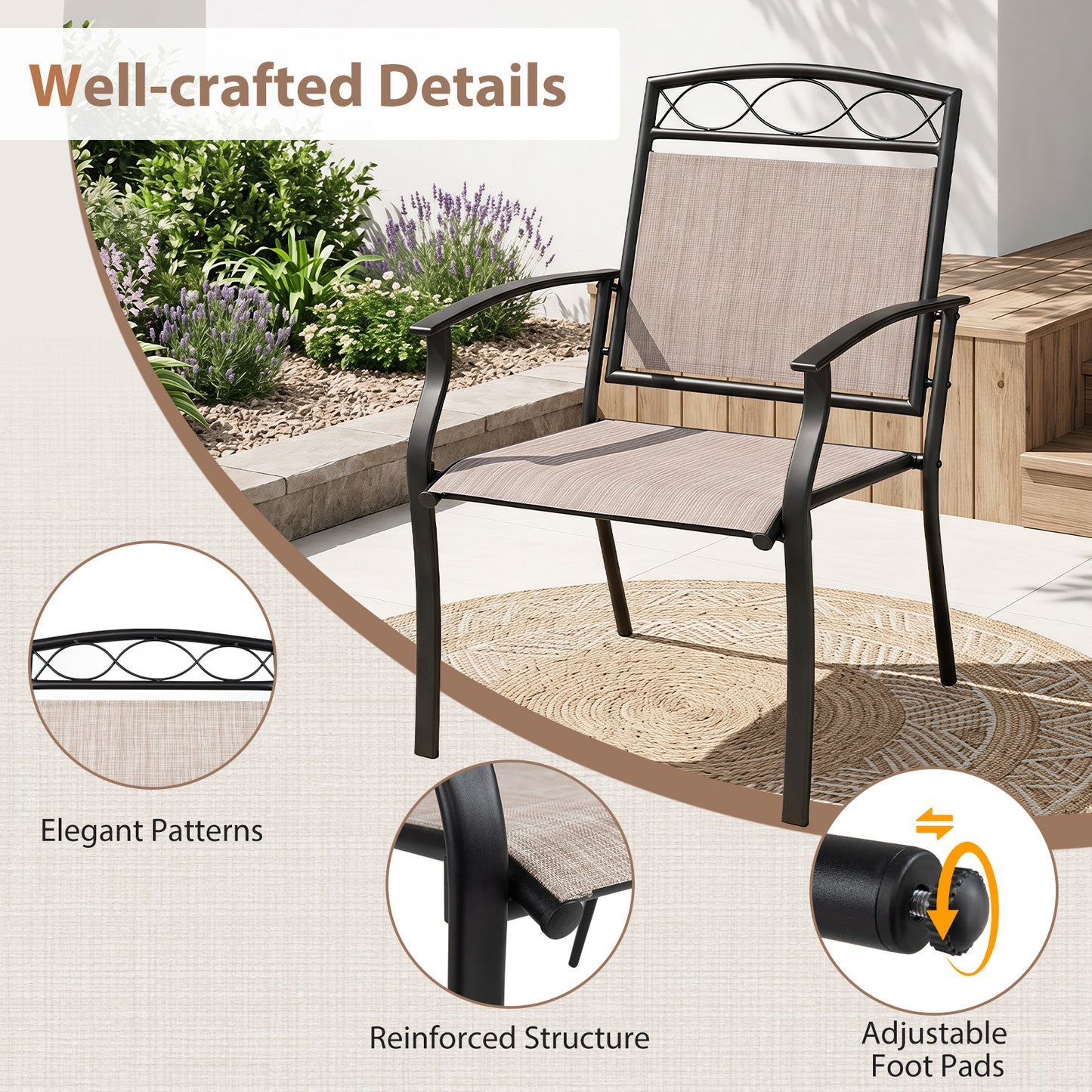 Costway Tuinstoelen 2-delige Set Weerbestendige Terrasstoelen van Ademend Materiaal met Brede Zitting Koffie