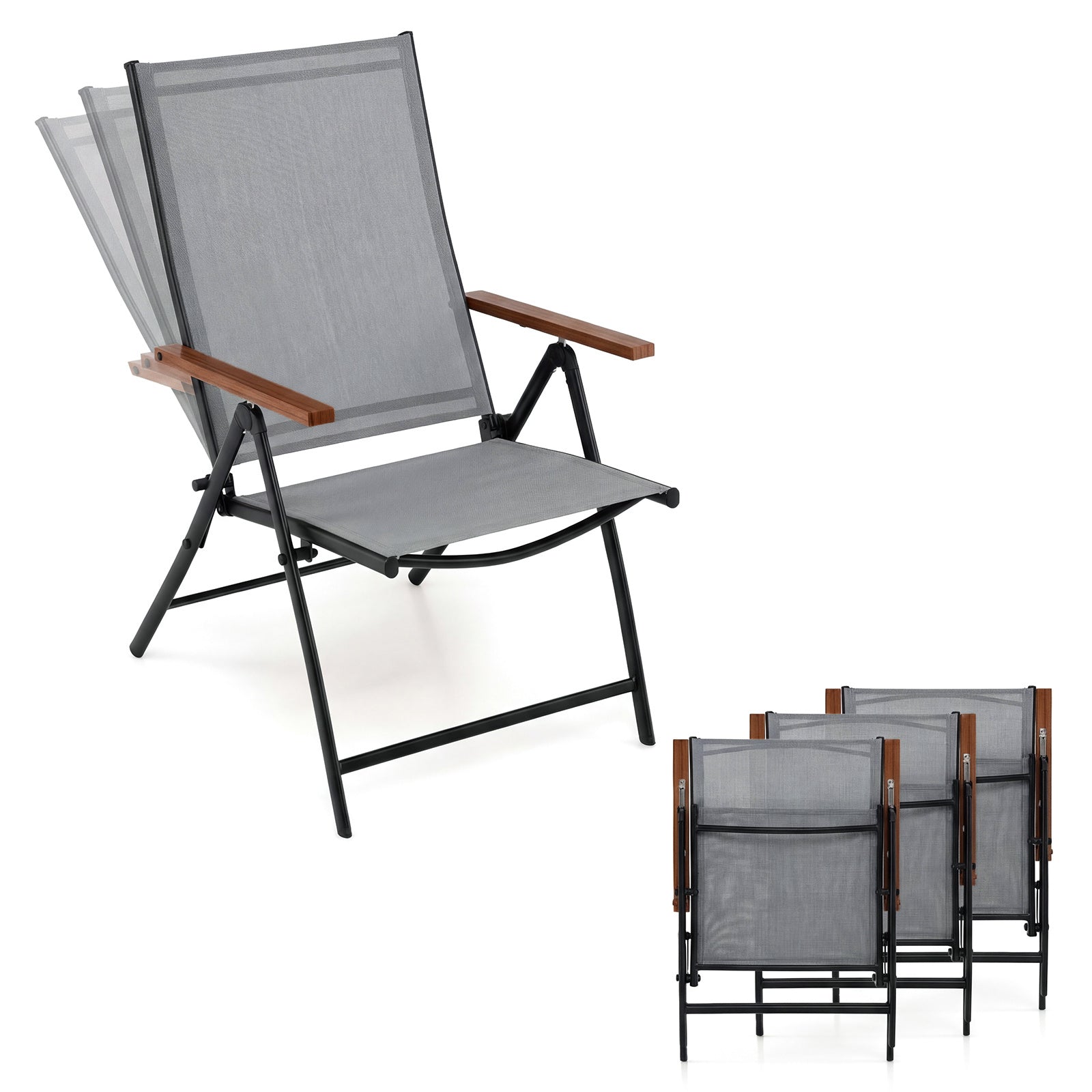 Costway Tuinstoelen 4-set Weerbestendige Klapstoel met 5-voudig Verstelbare Rugleuning Grijs