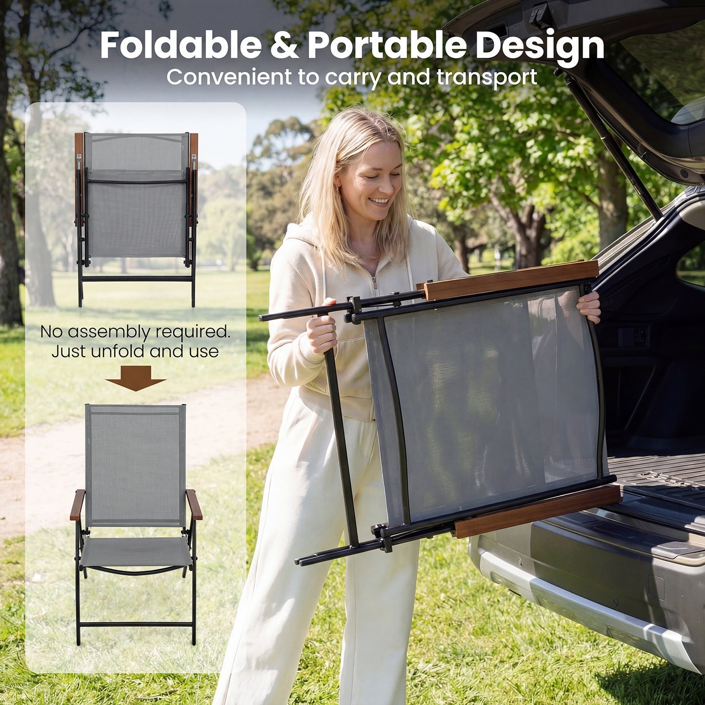 Costway Tuinstoelen 4-set Weerbestendige Klapstoel met 5-voudig Verstelbare Rugleuning Grijs