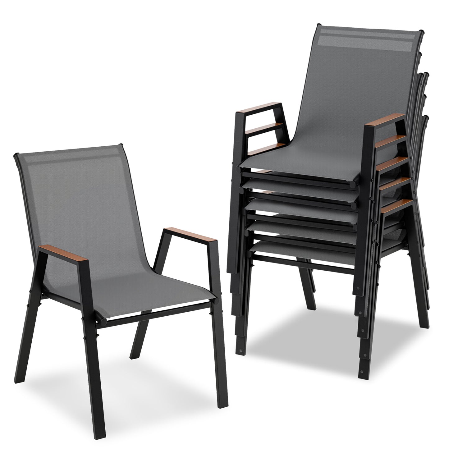 Costway Tuinstoelen Set van 6 Stapelbare Stoelen met Hoge Rugleuning van Ademend Teslin-weefsel met Houten Armleuningen en Stabiel Metalen Onderstel Grijs