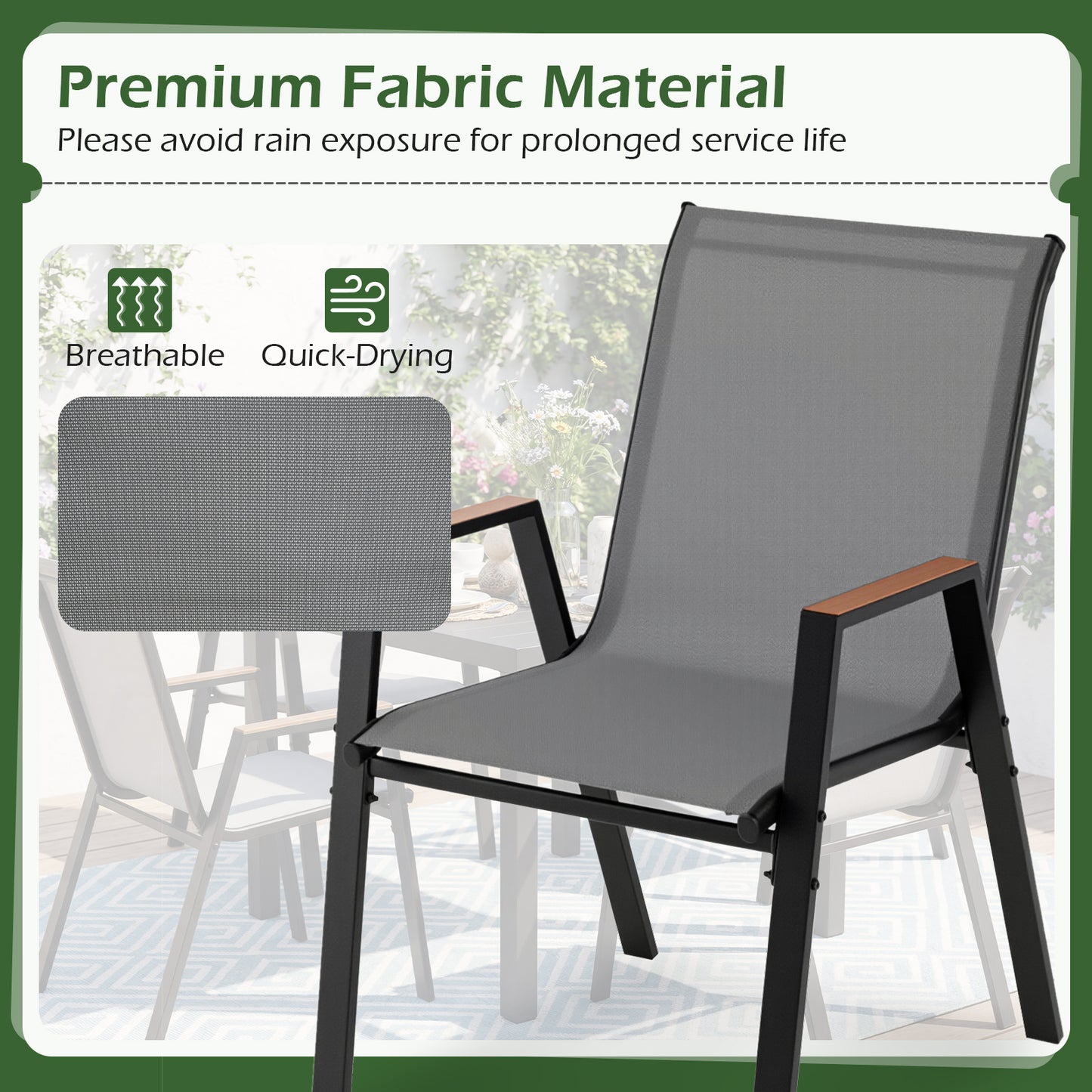 Costway Tuinstoelen Set van 6 Stapelbare Stoelen met Hoge Rugleuning van Ademend Teslin-weefsel met Houten Armleuningen en Stabiel Metalen Onderstel Grijs