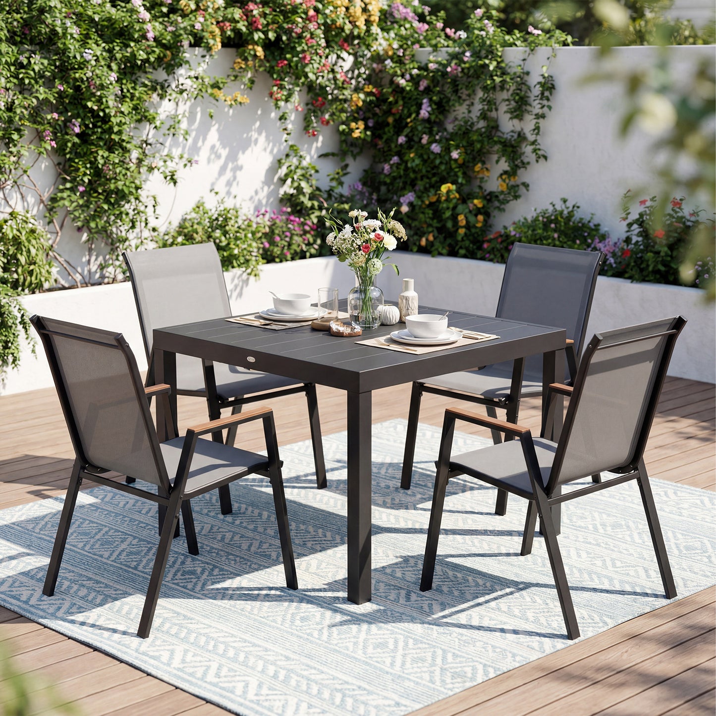 Costway Tuinstoelen Set van 6 Stapelbare Stoelen met Hoge Rugleuning van Ademend Teslin-weefsel met Houten Armleuningen en Stabiel Metalen Onderstel Grijs