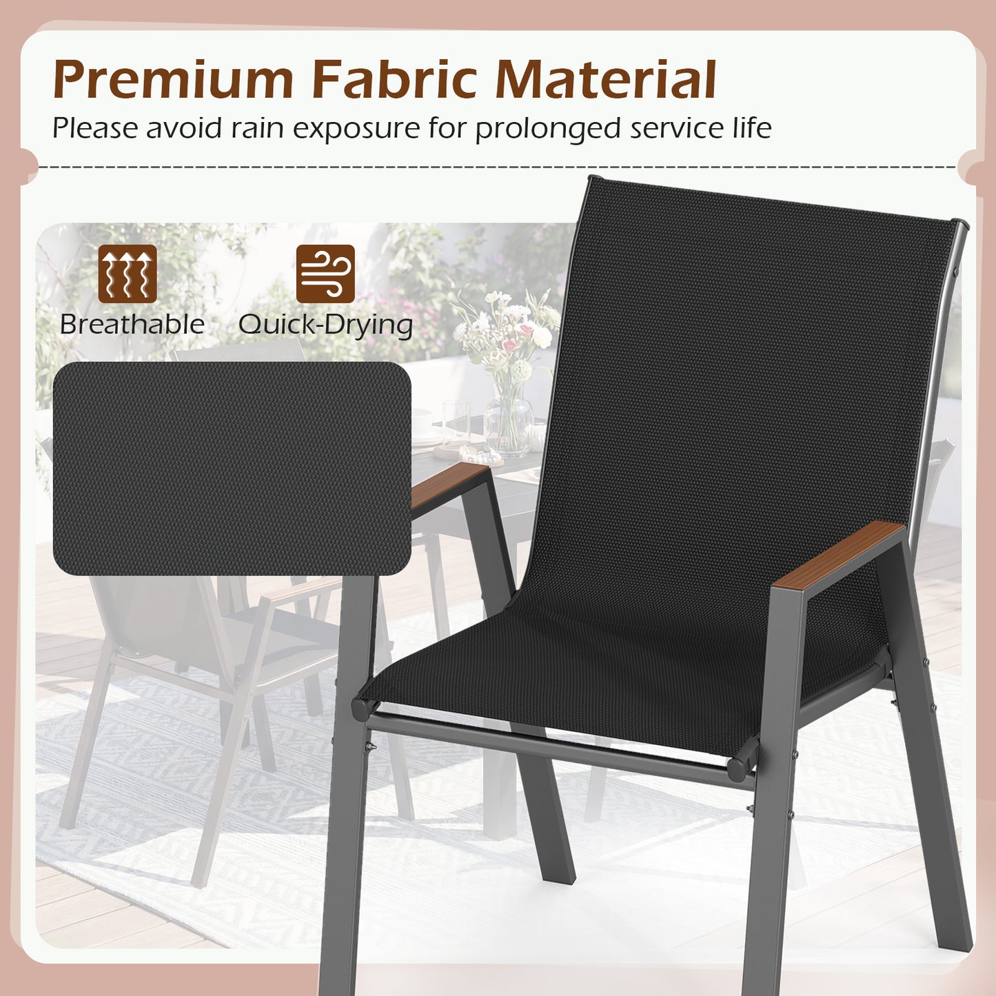Costway Tuinstoelen Set van 6 Stapelbare Stoelen met Hoge Rugleuning van Ademend Teslin-weefsel met Houten Armleuningen en Stabiel Metalen Onderstel Zwart