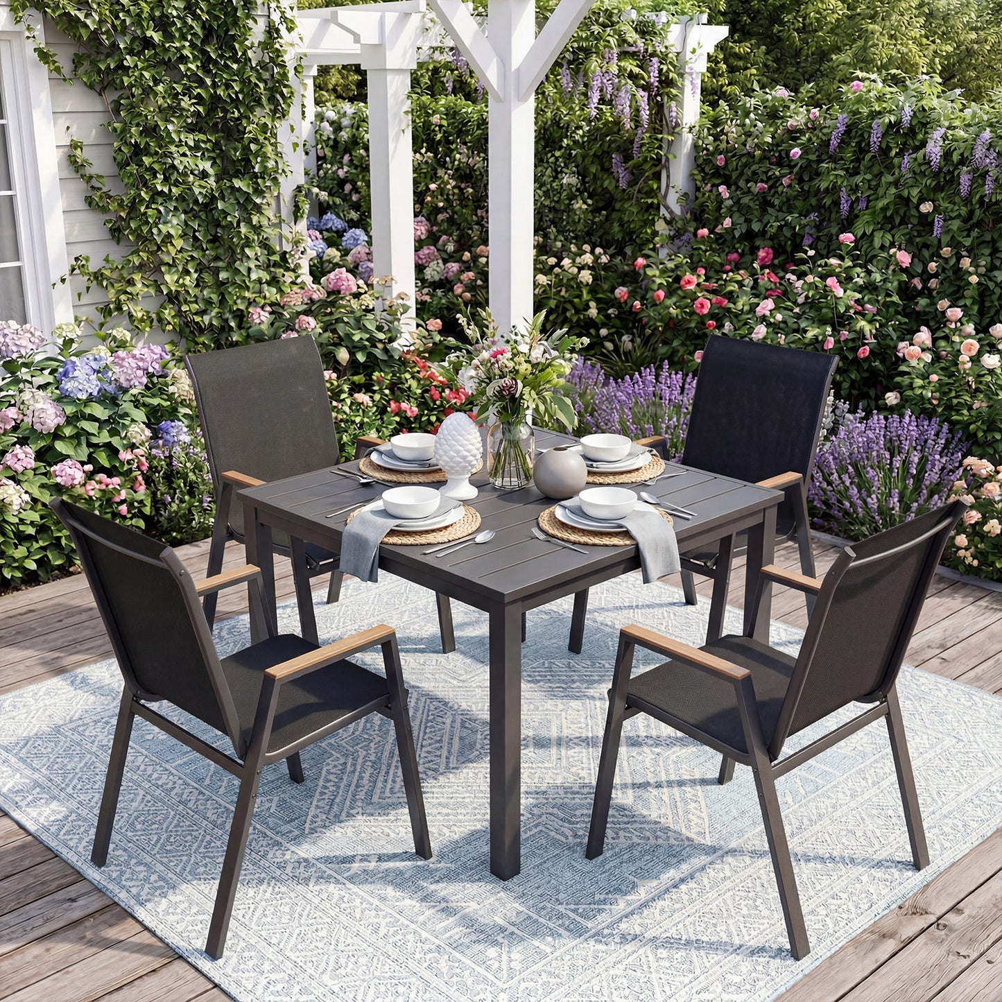 Costway Tuinstoelen Set van 6 Stapelbare Stoelen met Hoge Rugleuning van Ademend Teslin-weefsel met Houten Armleuningen en Stabiel Metalen Onderstel Zwart