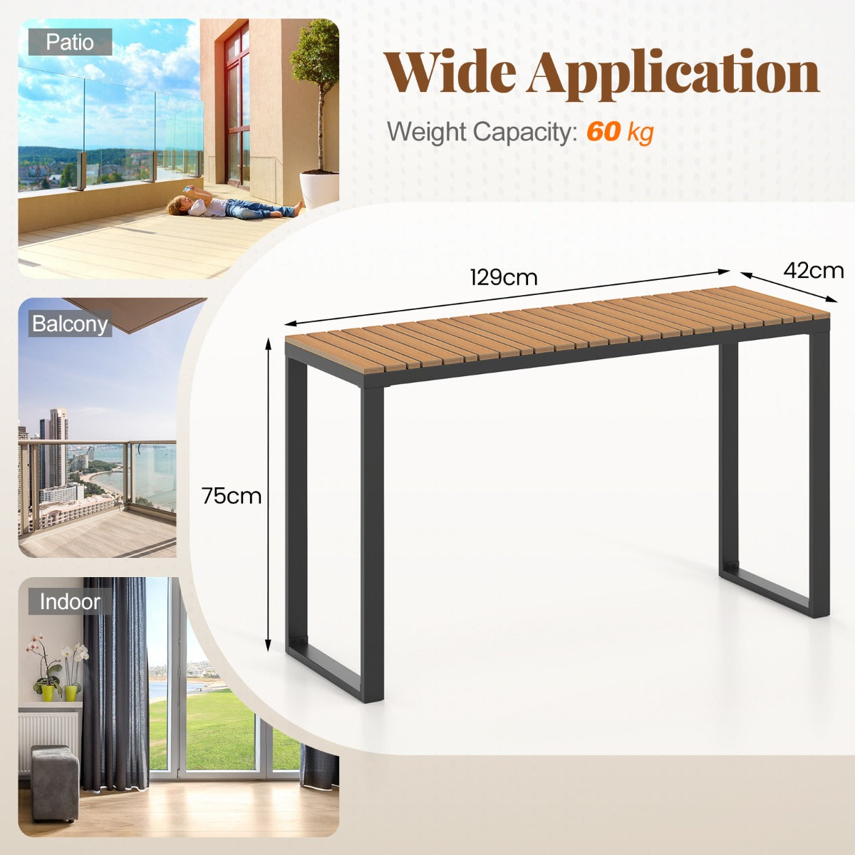 Costway Tuintafel Weerbestendig 129 x 42 cm Terrastafel met WPC-Tafelblad en Metalen Frame Rechthoekige Balkontafel Buiten-Eettafel
