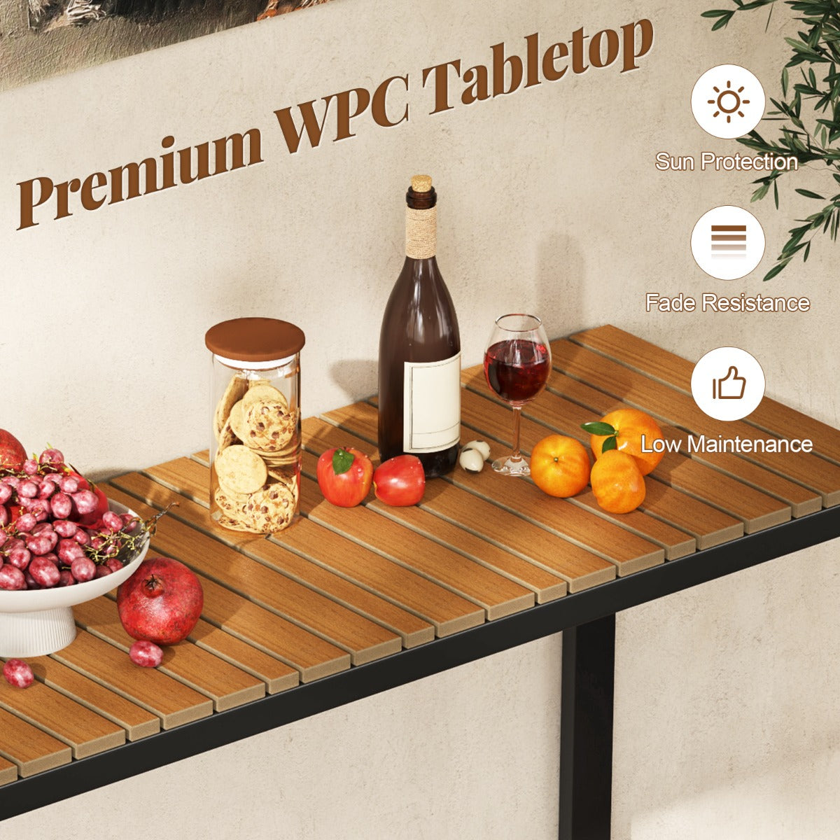 Costway Tuintafel Weerbestendig 129 x 42 cm Terrastafel met WPC-Tafelblad en Metalen Frame Rechthoekige Balkontafel Buiten-Eettafel