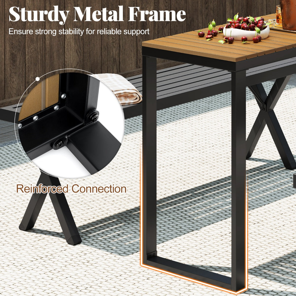 Costway Tuintafel Weerbestendig 129 x 42 cm Terrastafel met WPC-Tafelblad en Metalen Frame Rechthoekige Balkontafel Buiten-Eettafel