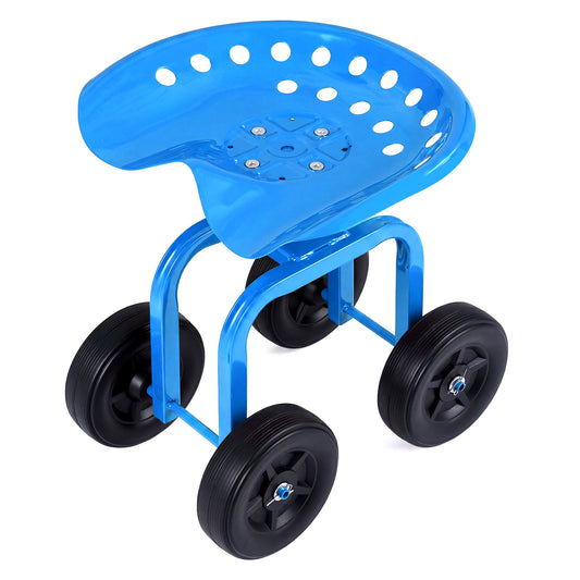 Costway Tuinwagen op Wielen Rijdende Werkstoel met 360° Draaibare Zitting en in Hoogte Verstelbaar Blauw