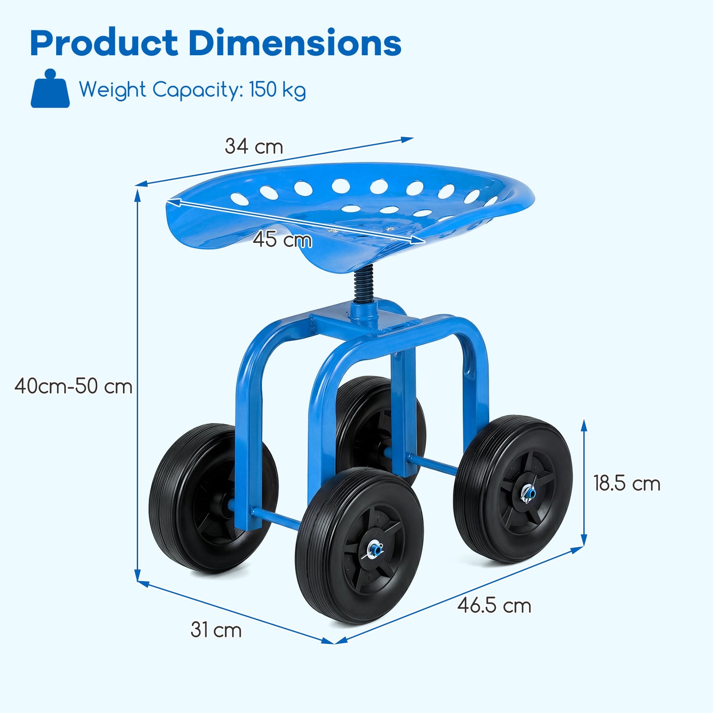 Costway Tuinwagen op Wielen Rijdende Werkstoel met 360° Draaibare Zitting en in Hoogte Verstelbaar Blauw