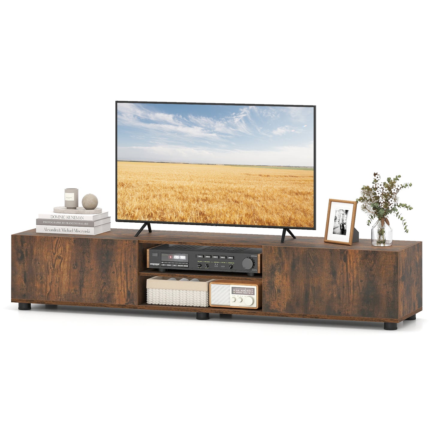 Costway TV-commode voor TV's tot 70 inch TV-meubel met 2 Deuren en 2 Open Planken TV-Standaard met Kantelbeveiliging Bruin