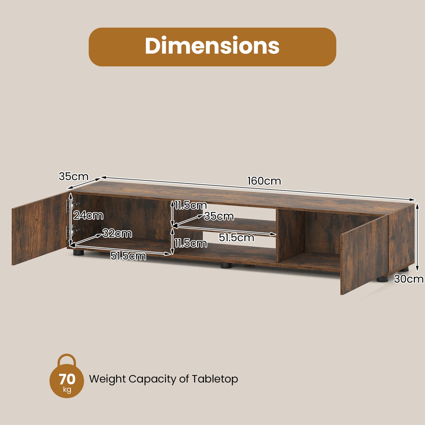 Costway TV-commode voor TV's tot 70 inch TV-meubel met 2 Deuren en 2 Open Planken TV-Standaard met Kantelbeveiliging Bruin