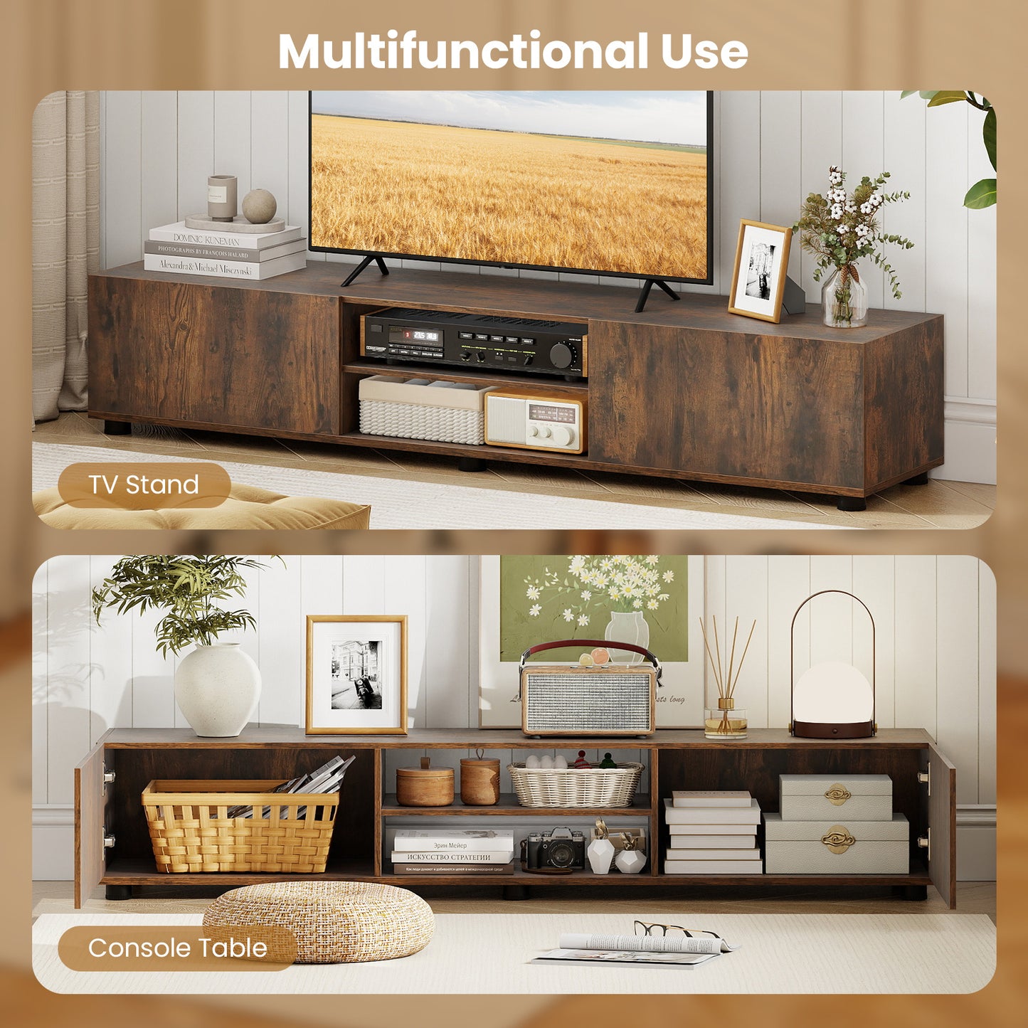 Costway TV-commode voor TV's tot 70 inch TV-meubel met 2 Deuren en 2 Open Planken TV-Standaard met Kantelbeveiliging Bruin