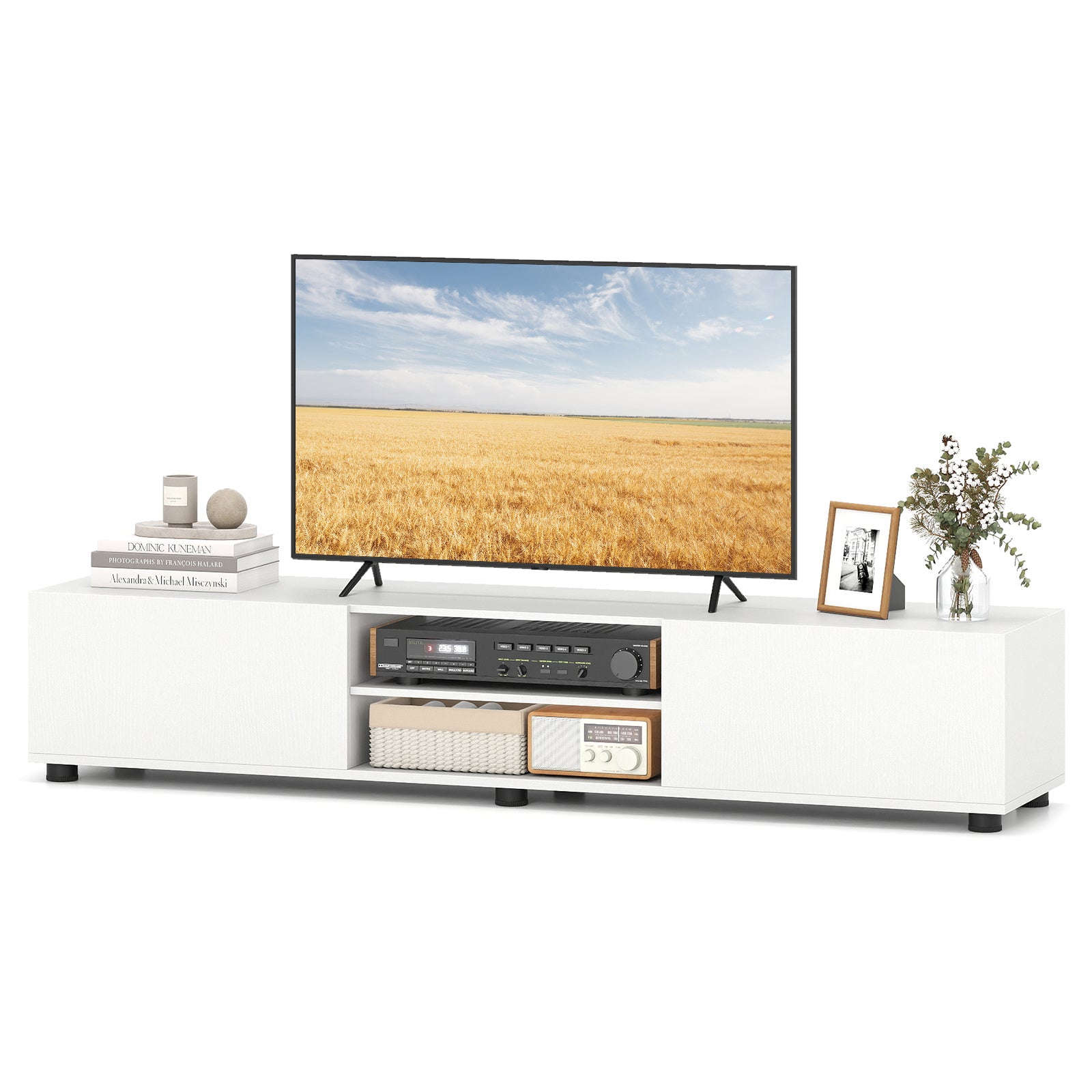 Costway TV-commode voor TV's tot 70 inch TV-meubel met 2 Deuren en 2 Open Planken TV-Standaard met Kantelbeveiliging Wit