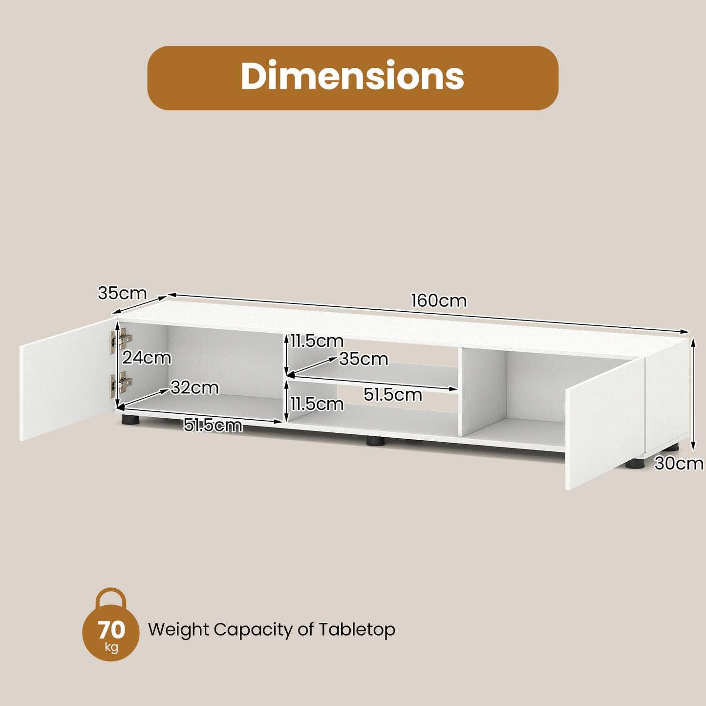 Costway TV-commode voor TV's tot 70 inch TV-meubel met 2 Deuren en 2 Open Planken TV-Standaard met Kantelbeveiliging Wit