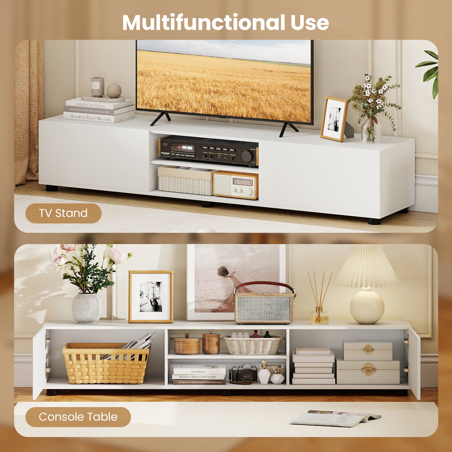 Costway TV-commode voor TV's tot 70 inch TV-meubel met 2 Deuren en 2 Open Planken TV-Standaard met Kantelbeveiliging Wit