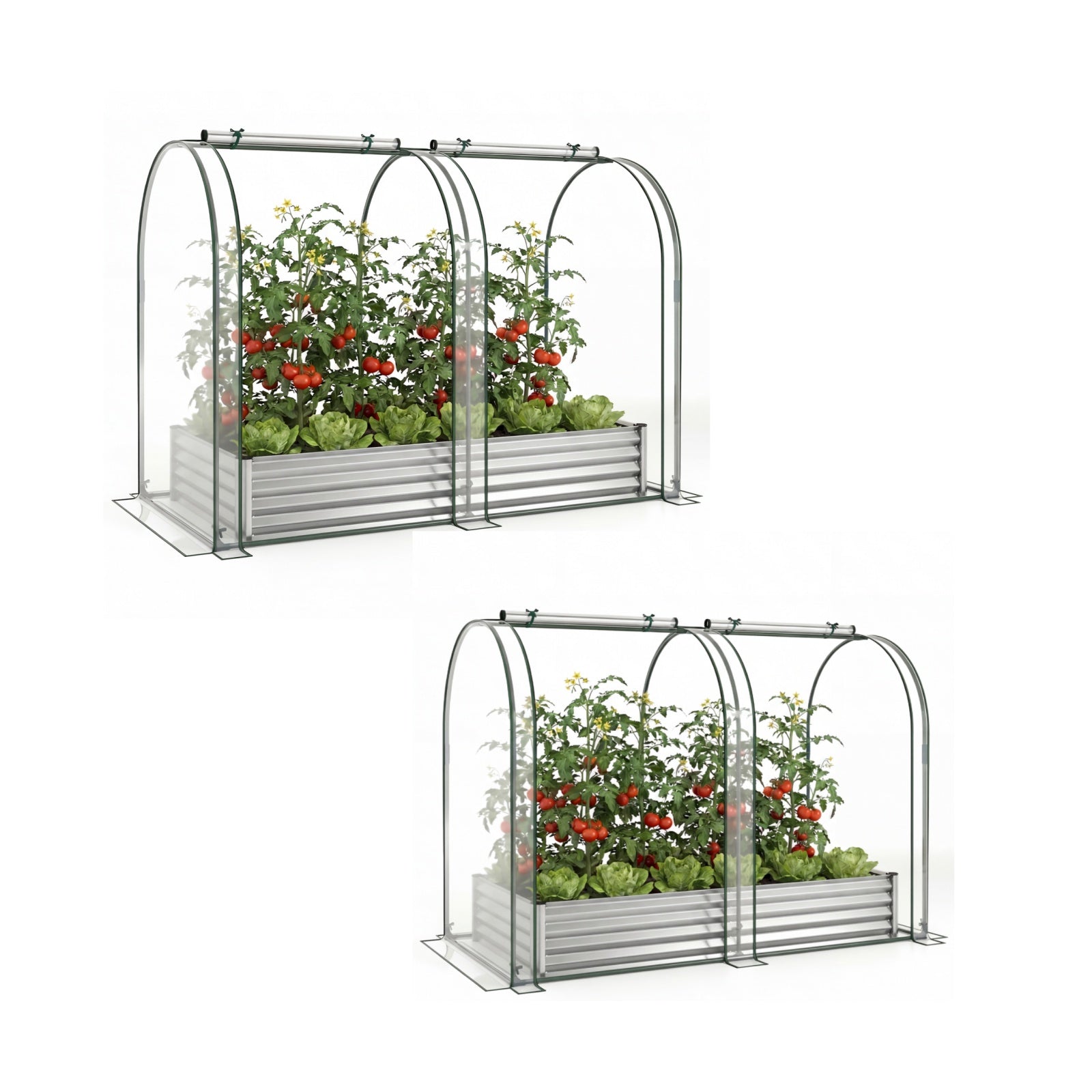 Costway (Twee Stuks) 3 in 1 Verhoogd Bed met Kas Metalen Plantenbak met PVC-bekleding & 2 Ramen Vroege Bed Zilver/Zwart