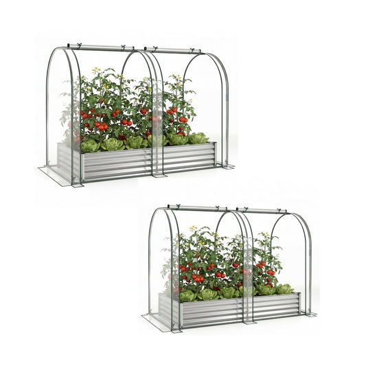 Costway (Twee Stuks) 3 in 1 Verhoogd Bed met Kas Metalen Plantenbak met PVC-bekleding & 2 Ramen Vroege Bed Zilver/Zwart
