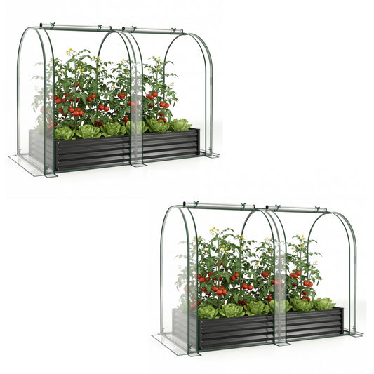 Costway (Twee Stuks) 3 in 1 Verhoogd Bed met Kas Metalen Plantenbak met PVC-bekleding & 2 Ramen Vroege Bed Zilver/Zwart