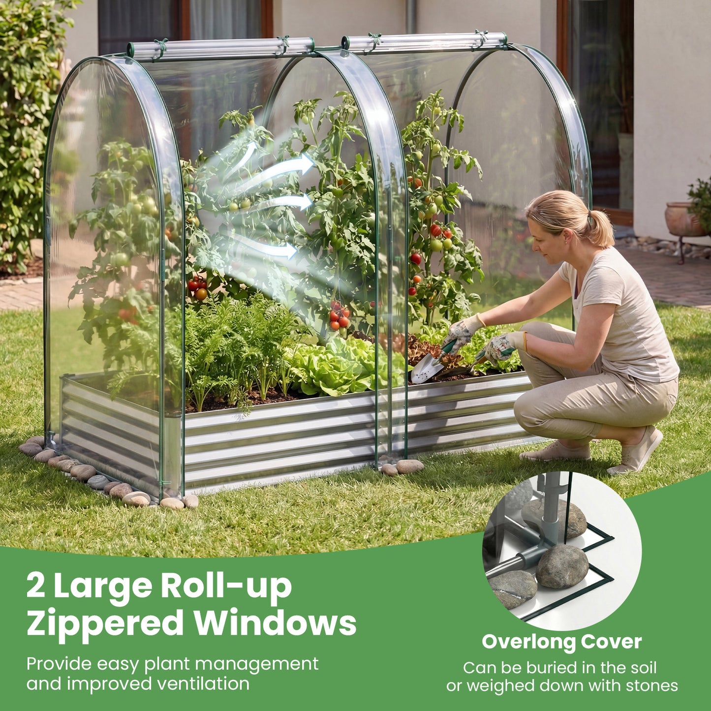 Costway (Twee Stuks) 3 in 1 Verhoogd Bed met Kas Metalen Plantenbak met PVC-bekleding & 2 Ramen Vroege Bed Zilver/Zwart