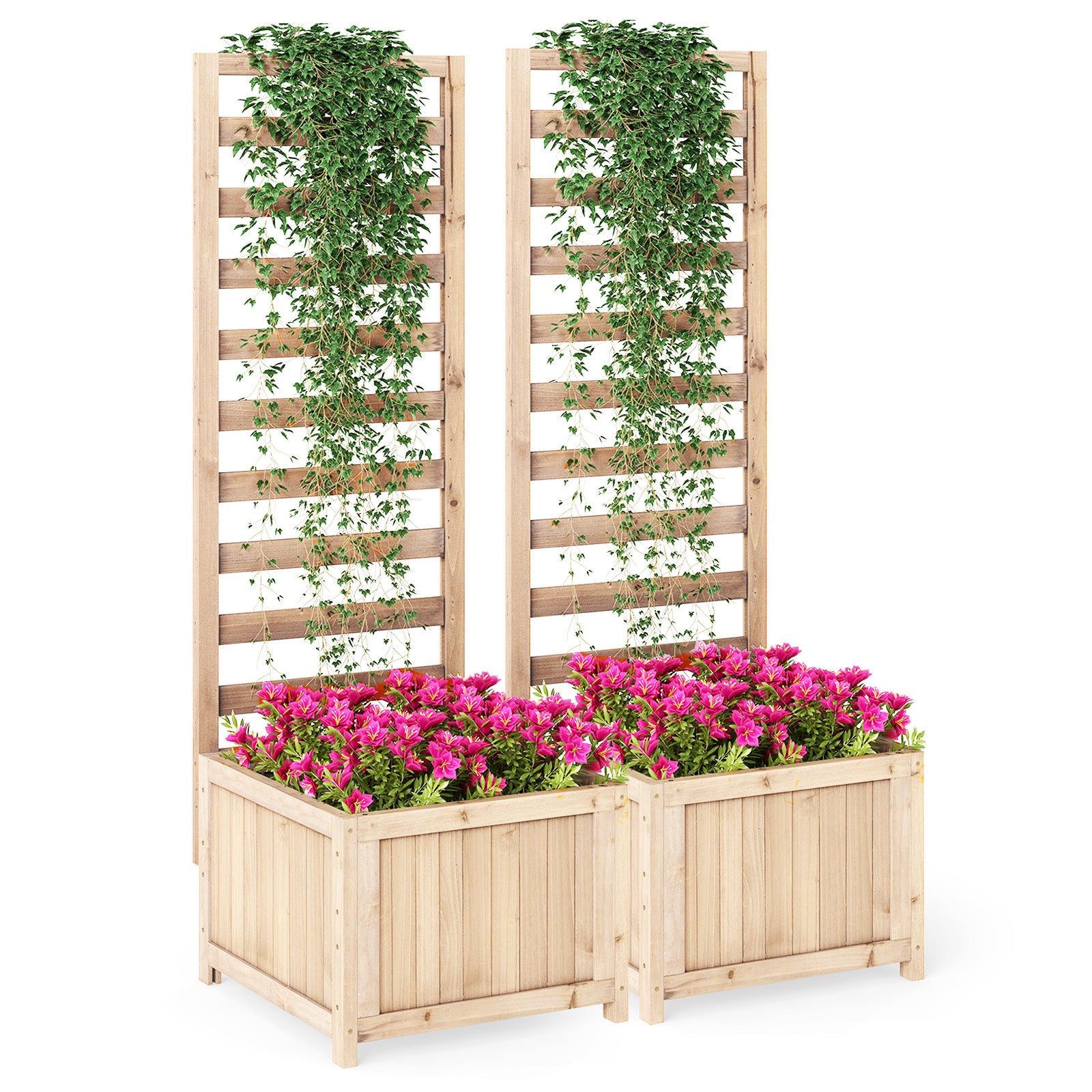 Costway (Twee Stuks) Houten Verhoogde Plantenbak met Klimrek 123 cm Hoge Verhoogde Plantenbak met Afwateringsgaten en Openingen voor Klimplanten Naturel