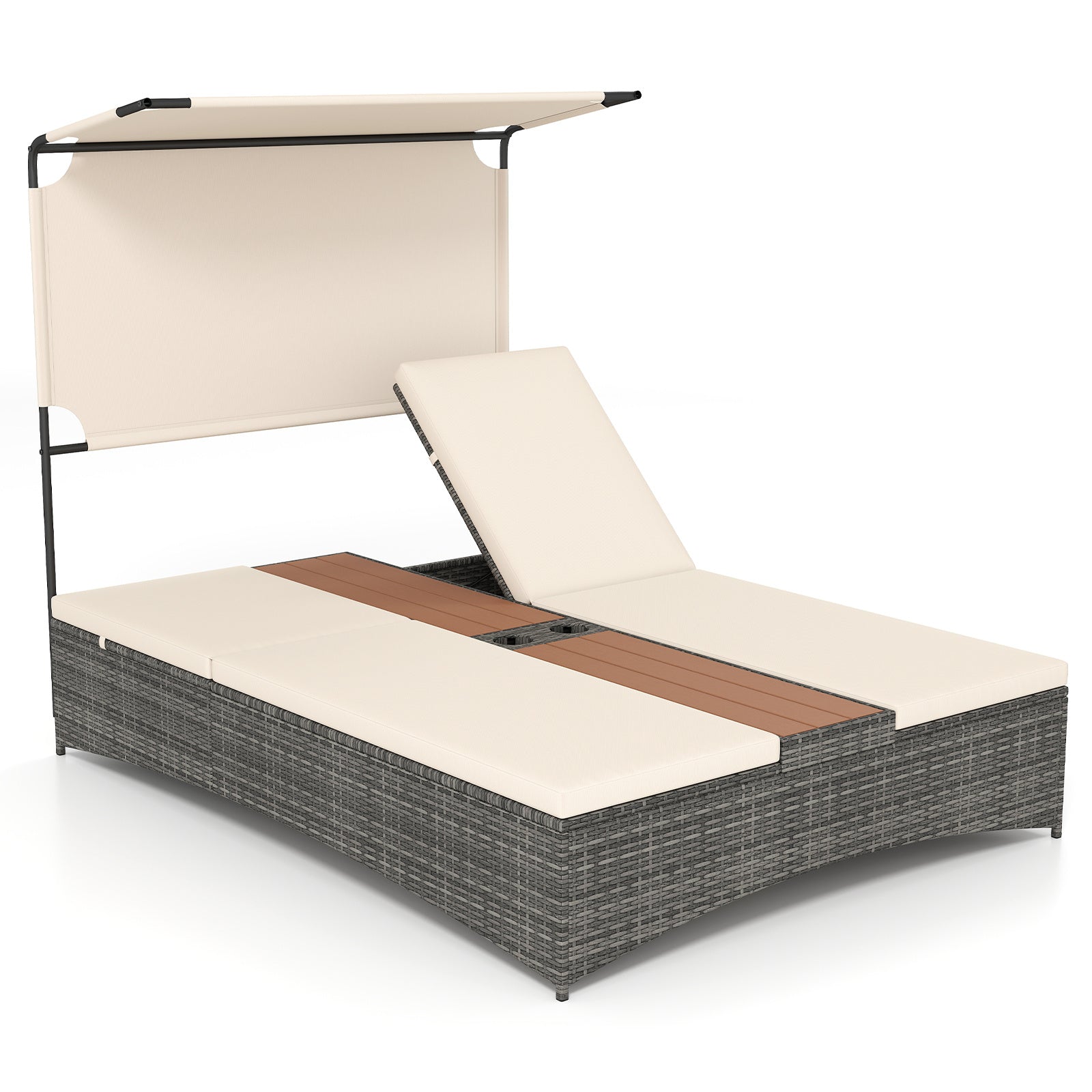Costway Tweepersoons Ligbed van Riet met Kussens Dubbele Ligstoel met 5-Voudig Verstelbare Rugleuning Beige