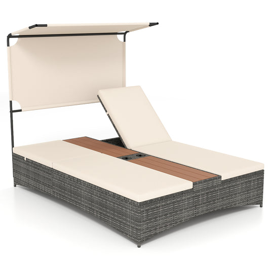 Costway Tweepersoons Ligbed van Riet met Kussens Dubbele Ligstoel met 5-Voudig Verstelbare Rugleuning Beige