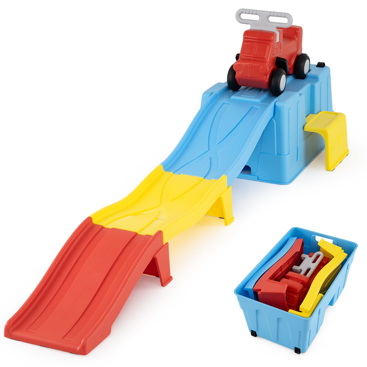 Costway Up & Down Roller Coaster Uitbreidbare Kinderachtbaan met Glijauto Opbergdoos & Afdaalracebanen tot 68 kg Blauw