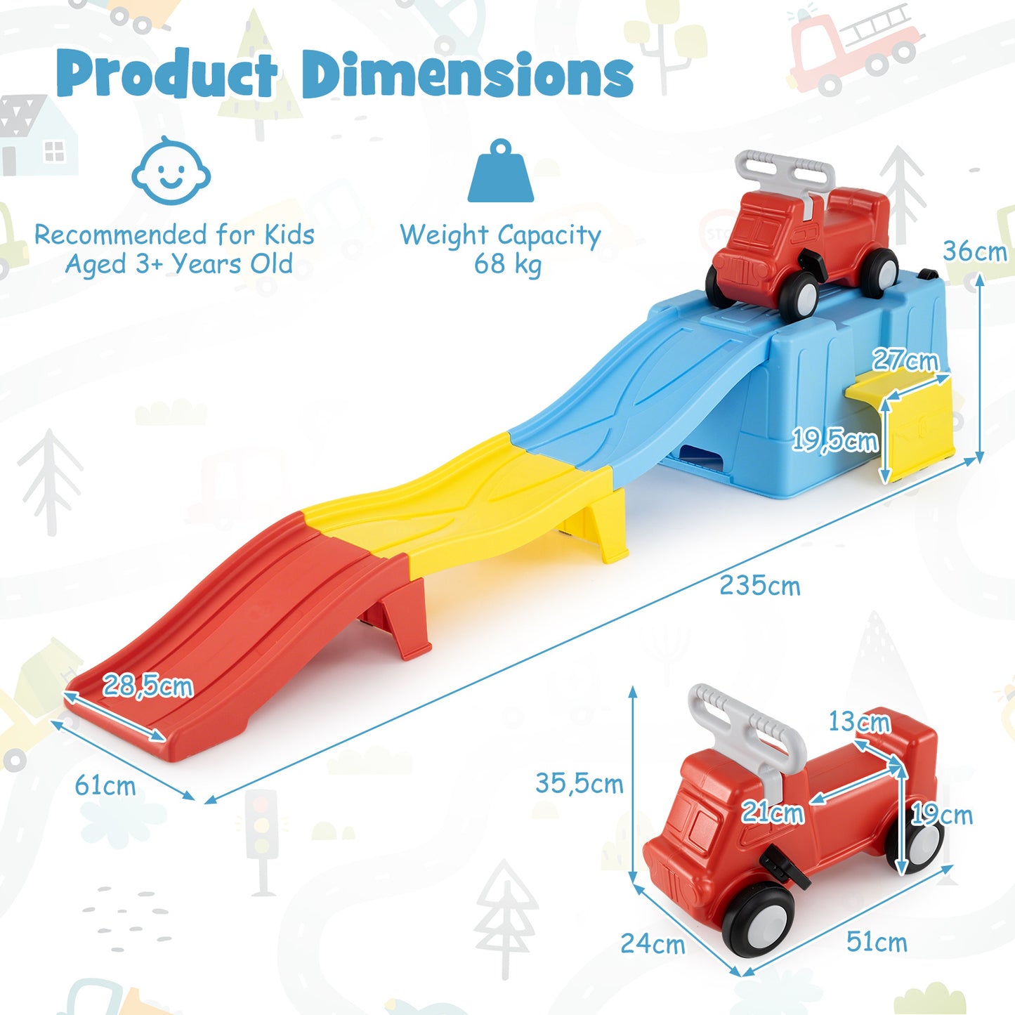 Costway Up & Down Roller Coaster Uitbreidbare Kinderachtbaan met Glijauto Opbergdoos & Afdaalracebanen tot 68 kg Blauw