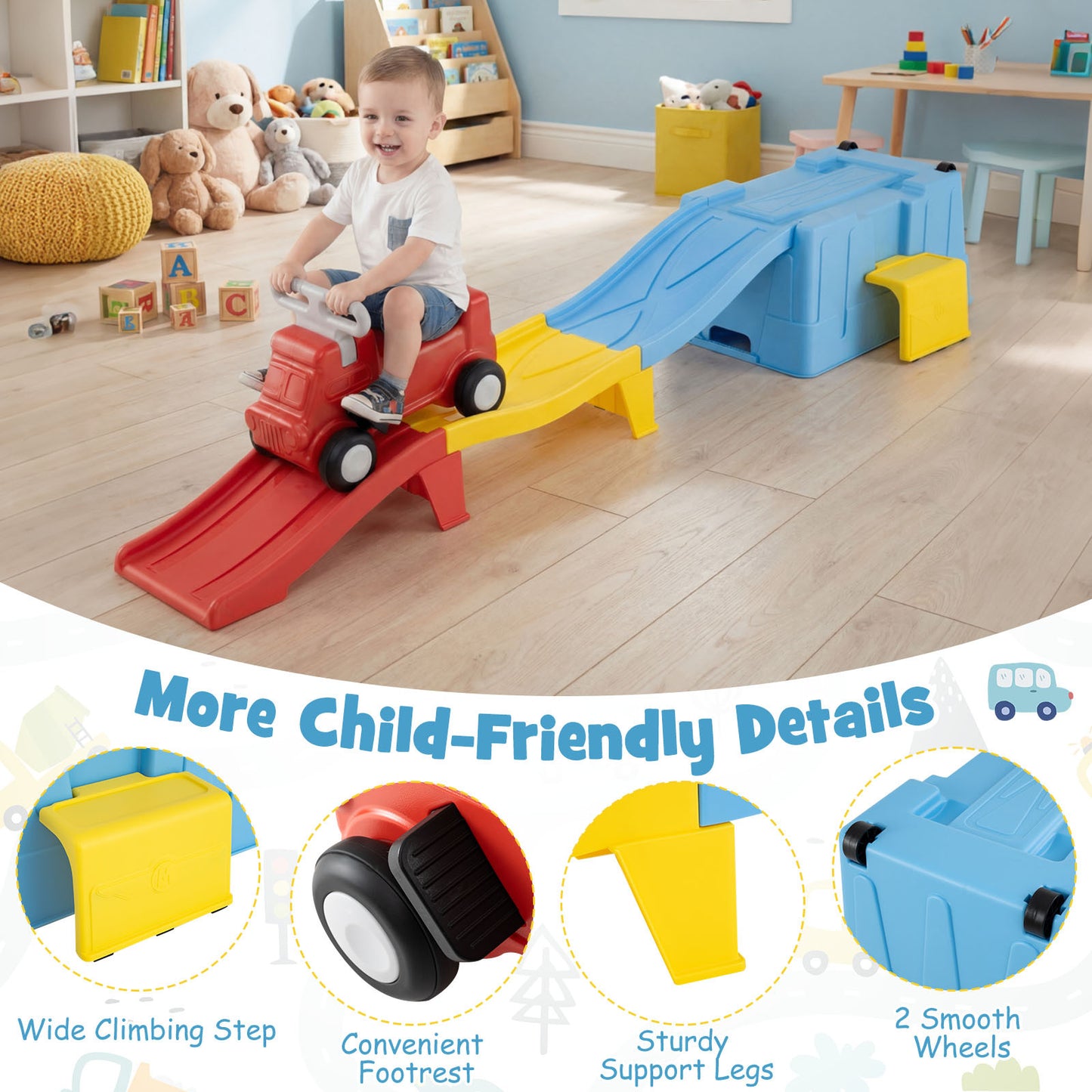 Costway Up & Down Roller Coaster Uitbreidbare Kinderachtbaan met Glijauto Opbergdoos & Afdaalracebanen tot 68 kg Blauw