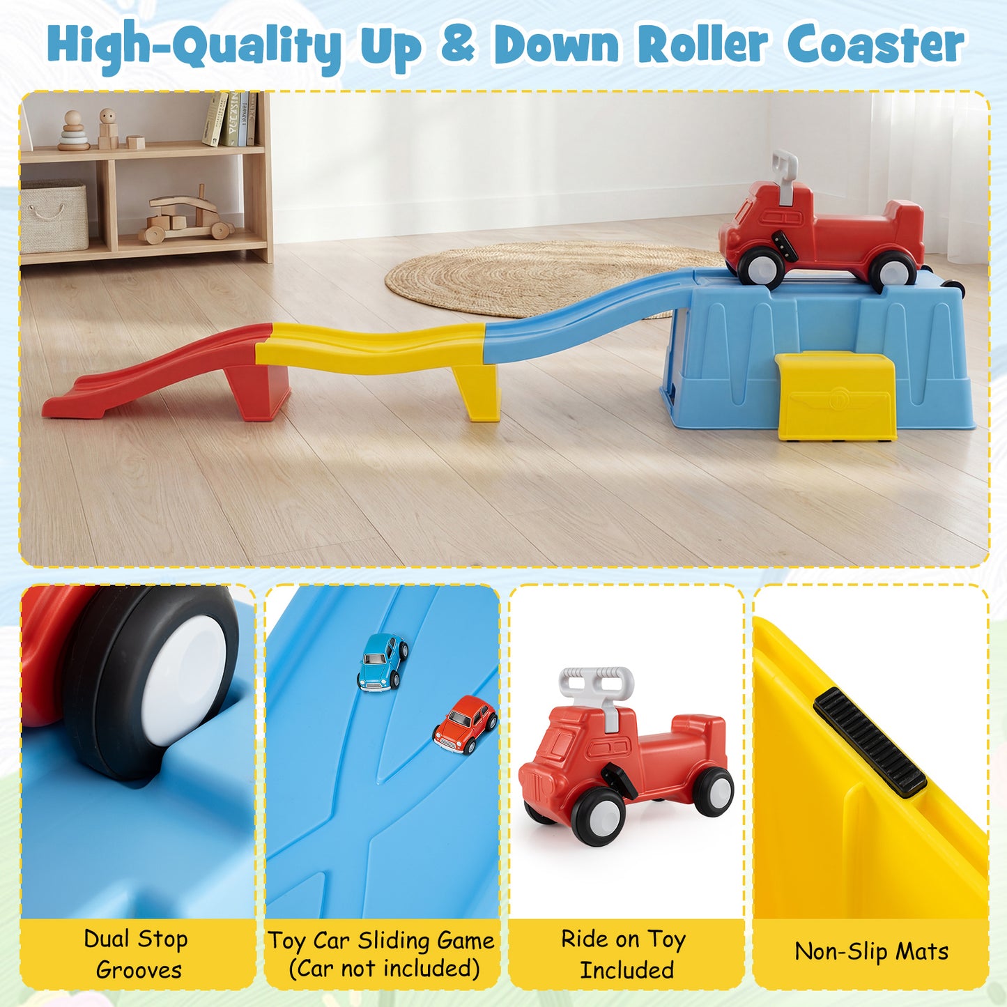 Costway Up & Down Roller Coaster Uitbreidbare Kinderachtbaan met Glijauto Opbergdoos & Afdaalracebanen tot 68 kg Blauw