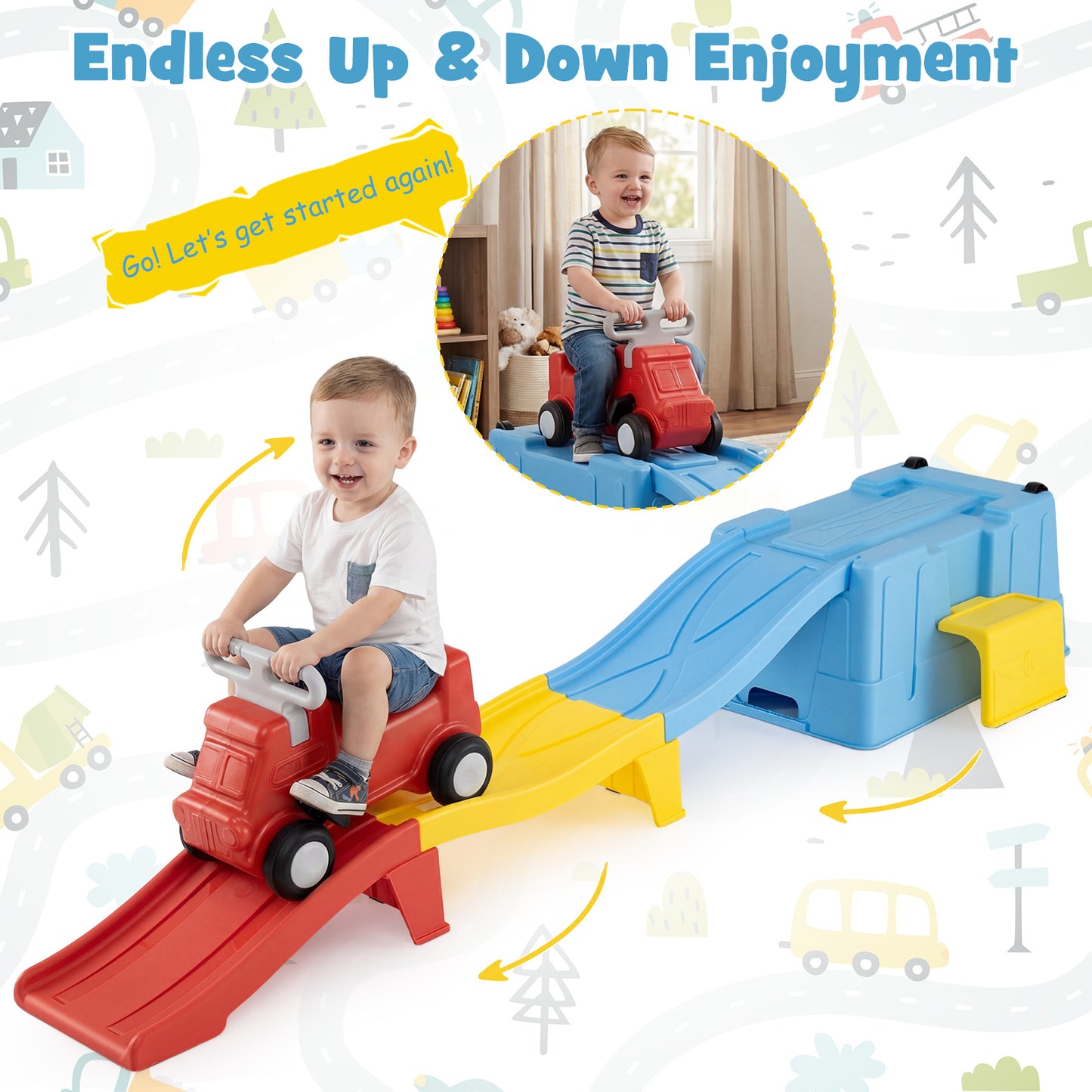 Costway Up & Down Roller Coaster Uitbreidbare Kinderachtbaan met Glijauto Opbergdoos & Afdaalracebanen tot 68 kg Blauw