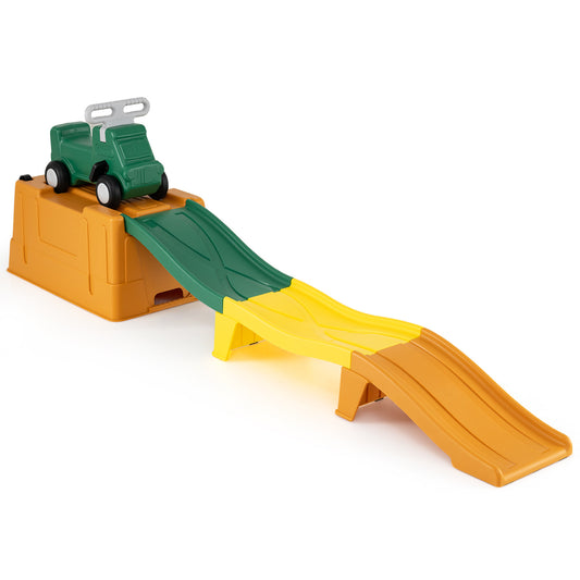 Costway Up & Down Roller Coaster Uitbreidbare Kinderachtbaan met Glijauto Opbergdoos & Afdaalracebanen tot 68 kg Bruin