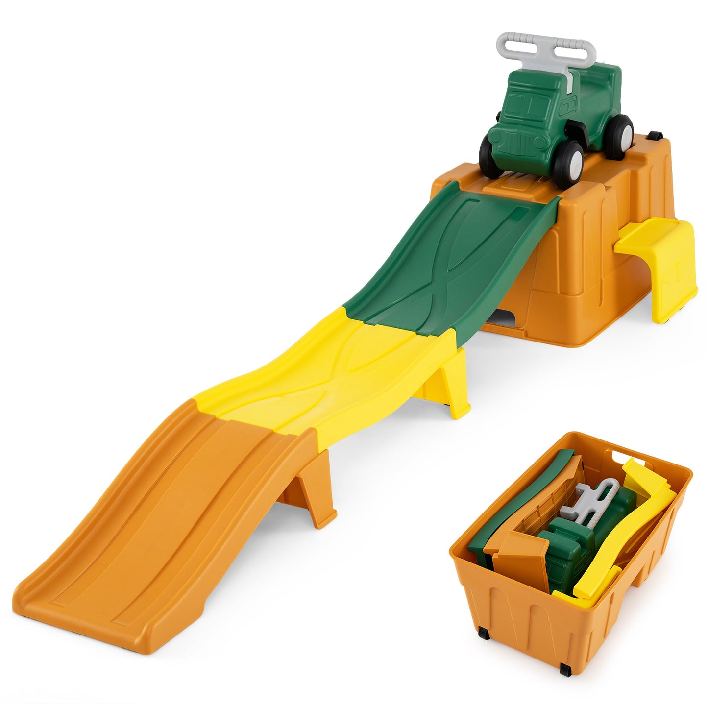 Costway Up & Down Roller Coaster Uitbreidbare Kinderachtbaan met Glijauto Opbergdoos & Afdaalracebanen tot 68 kg Bruin