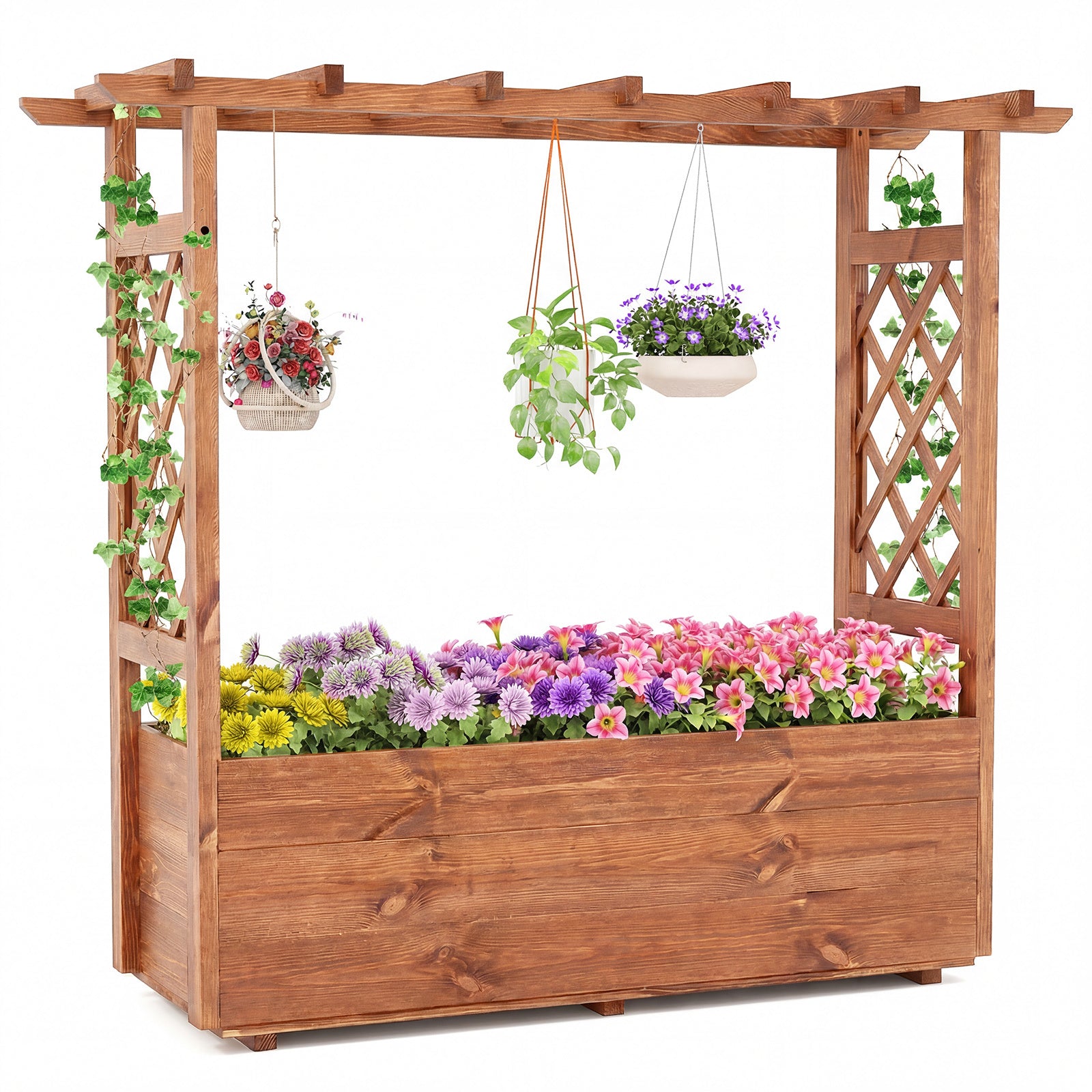 Costway Verhoogde Plantenbak met 2 Traliewerk Steunen Dak en Afwateringsopeningen Hoge Plantenbak van Massief Hout voor Terras en Balkon 118 × 40 × 103 cm