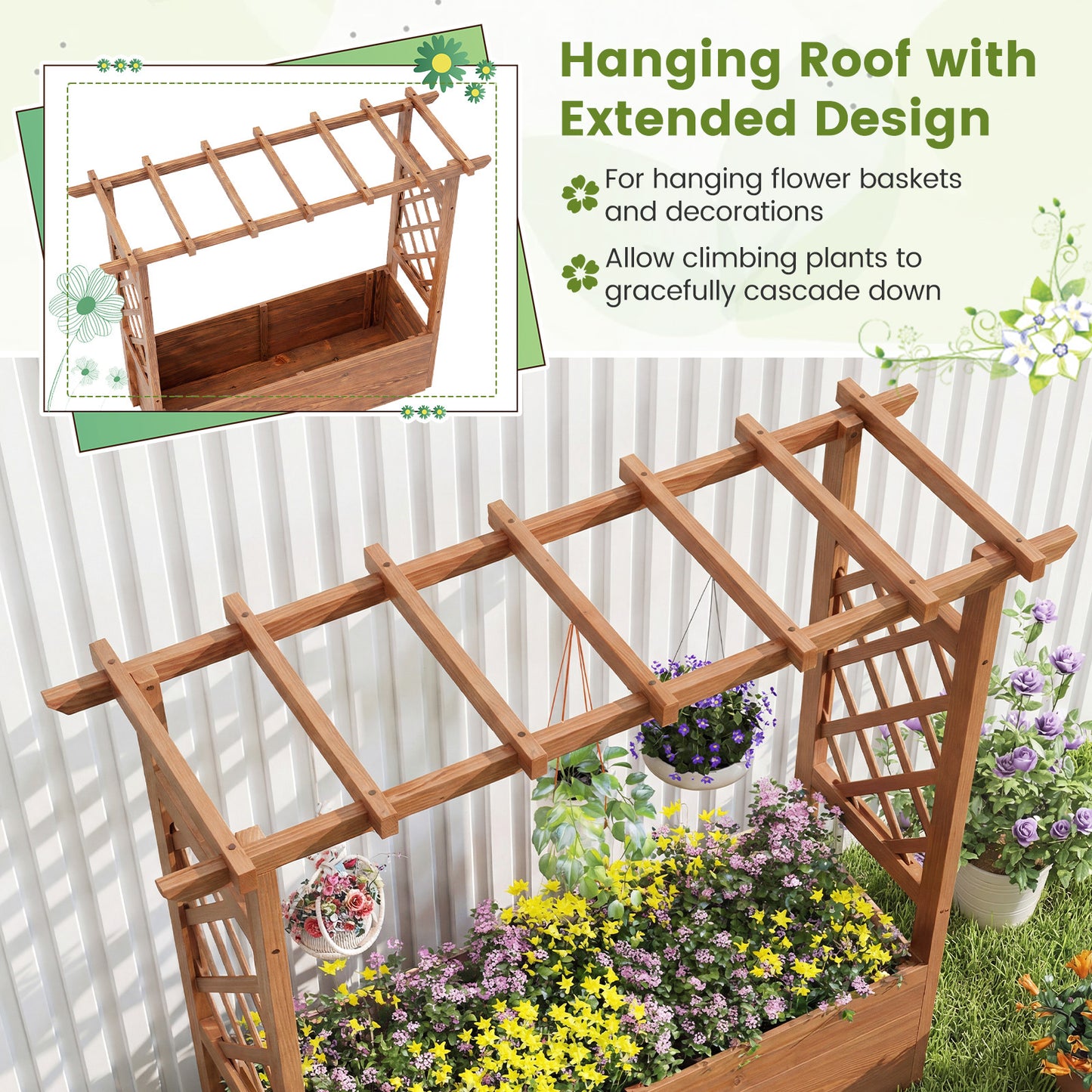 Costway Verhoogde Plantenbak met 2 Traliewerk Steunen Dak en Afwateringsopeningen Hoge Plantenbak van Massief Hout voor Terras en Balkon 118 × 40 × 103 cm