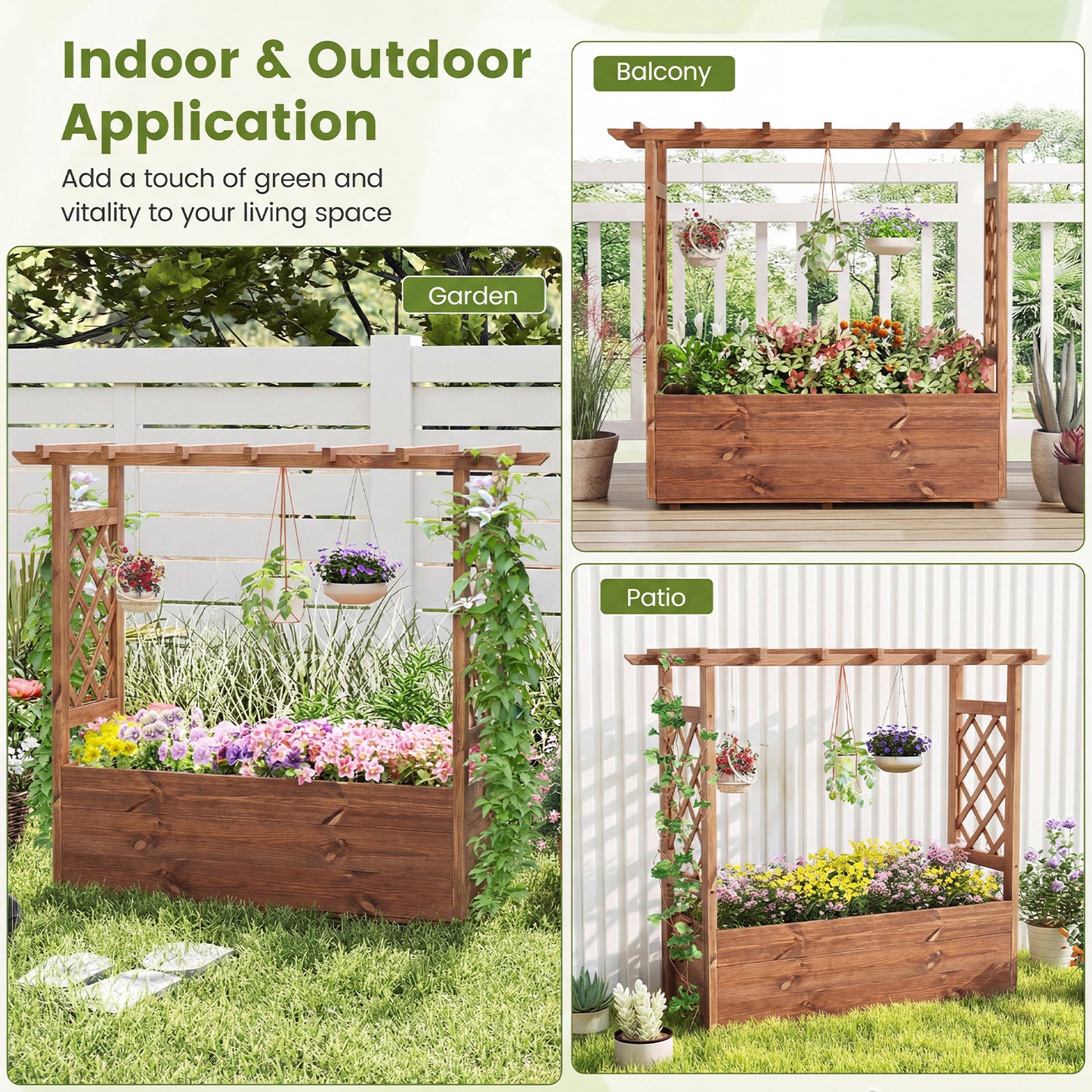 Costway Verhoogde Plantenbak met 2 Traliewerk Steunen Dak en Afwateringsopeningen Hoge Plantenbak van Massief Hout voor Terras en Balkon 118 × 40 × 103 cm