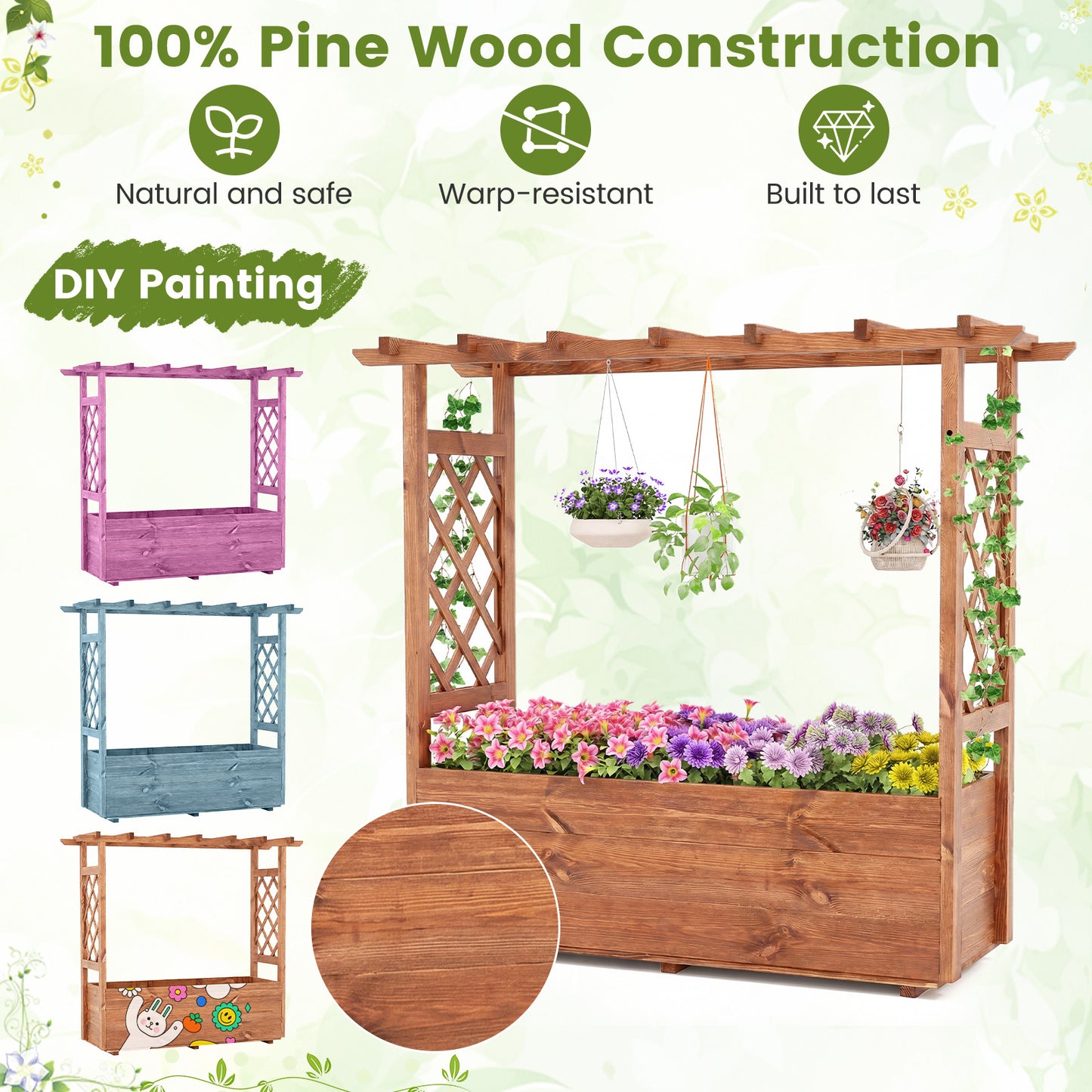 Costway Verhoogde Plantenbak met 2 Traliewerk Steunen Dak en Afwateringsopeningen Hoge Plantenbak van Massief Hout voor Terras en Balkon 118 × 40 × 103 cm