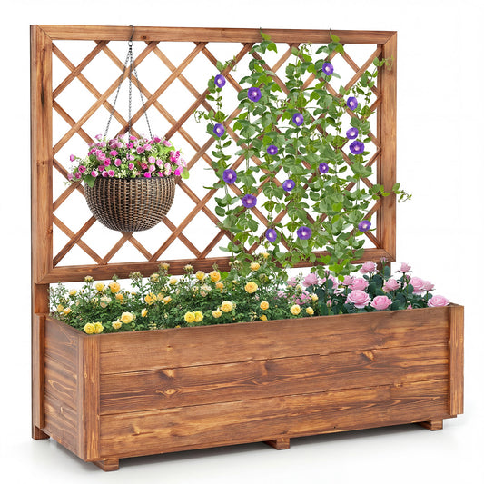 Costway Verhoogde Plantenbak met 2 Traliewerk Steunen Dak en Afwateringsopeningen Hoge Plantenbak van Massief Hout voor Terras en Balkon 98 × 34 × 104 cm
