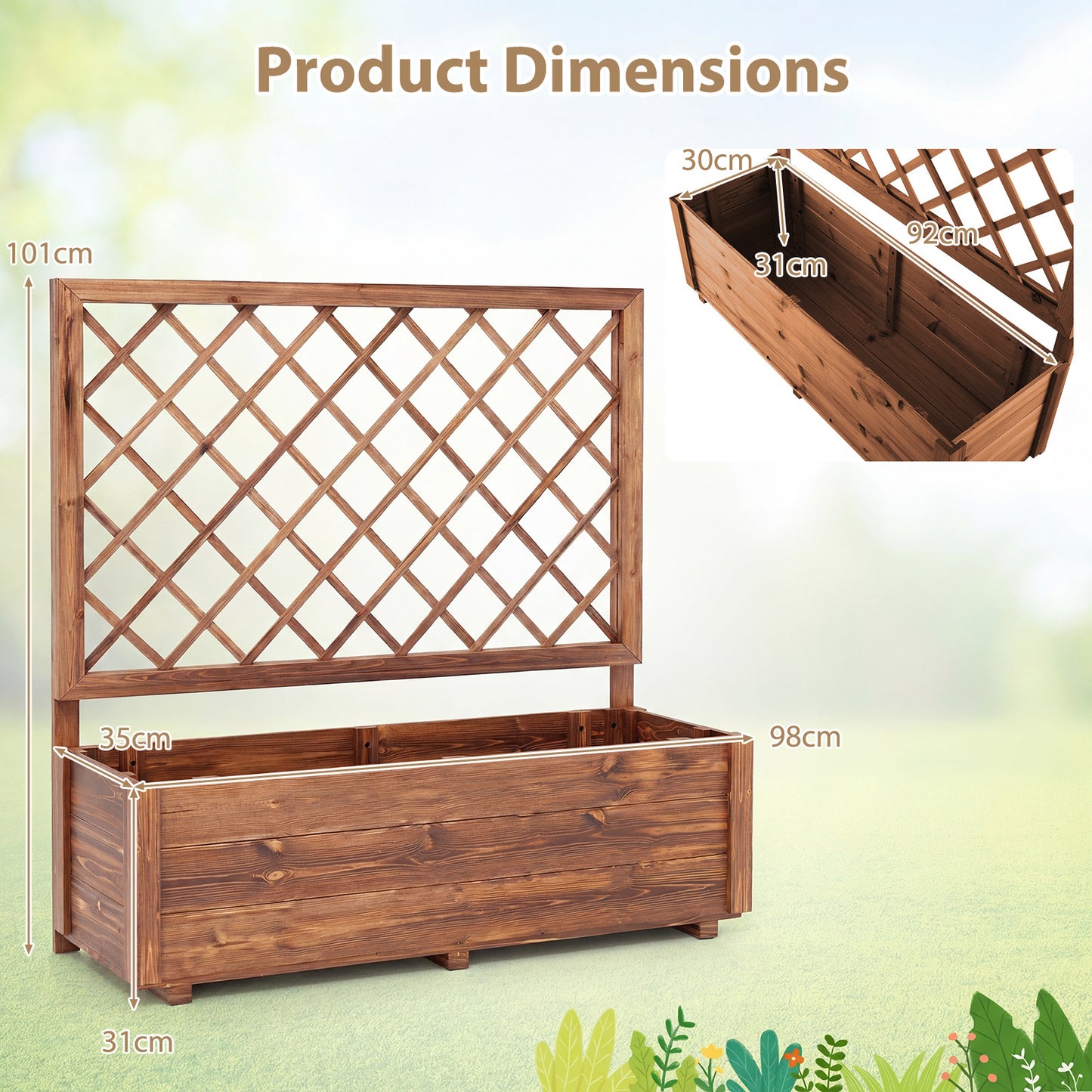 Costway Verhoogde Plantenbak met 2 Traliewerk Steunen Dak en Afwateringsopeningen Hoge Plantenbak van Massief Hout voor Terras en Balkon 98 × 34 × 104 cm