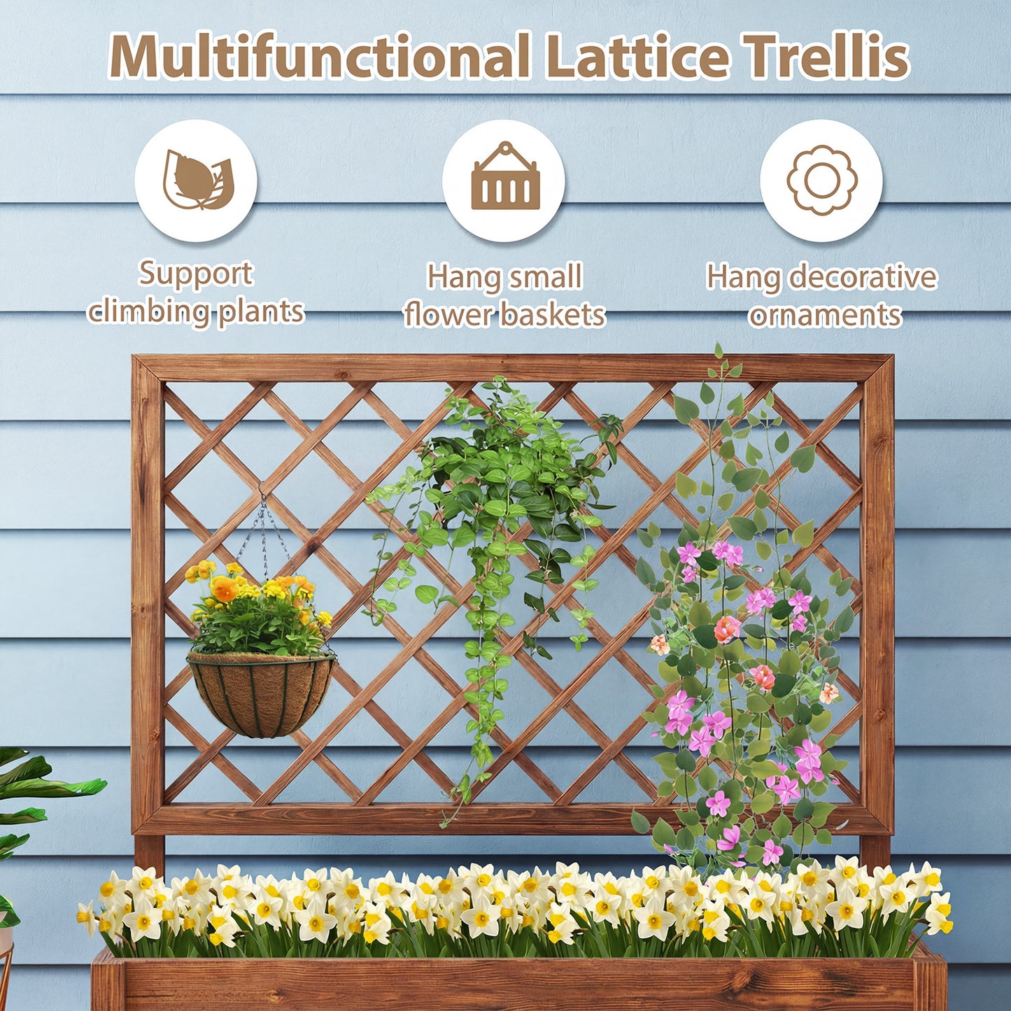 Costway Verhoogde Plantenbak met 2 Traliewerk Steunen Dak en Afwateringsopeningen Hoge Plantenbak van Massief Hout voor Terras en Balkon 98 × 34 × 104 cm