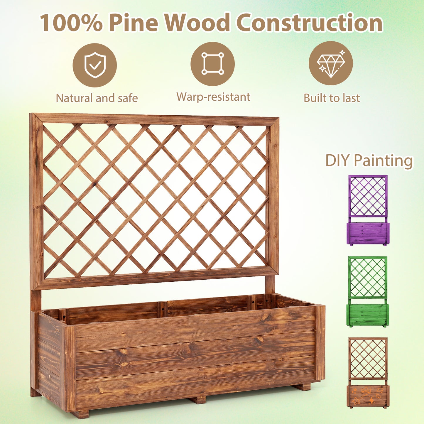 Costway Verhoogde Plantenbak met 2 Traliewerk Steunen Dak en Afwateringsopeningen Hoge Plantenbak van Massief Hout voor Terras en Balkon 98 × 34 × 104 cm