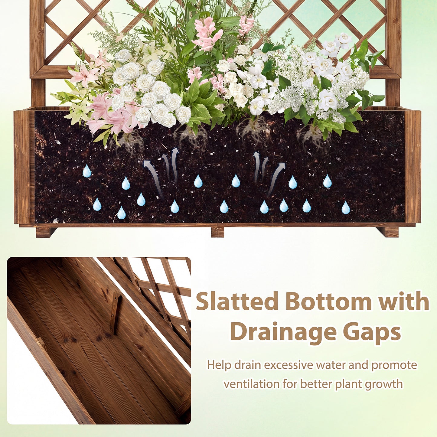Costway Verhoogde Plantenbak met 2 Traliewerk Steunen Dak en Afwateringsopeningen Hoge Plantenbak van Massief Hout voor Terras en Balkon 98 × 34 × 104 cm