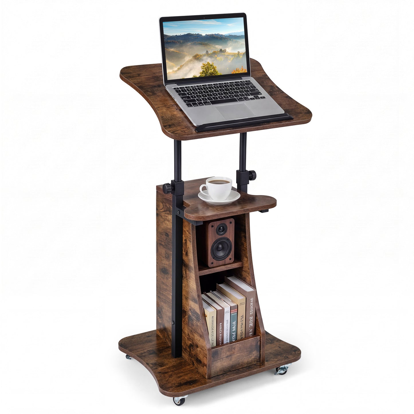 Costway Verstelbare Spreektafel Staande Tafel met Wielen en Kantelbare Tafel Mobiele Staande Bureau Bruin