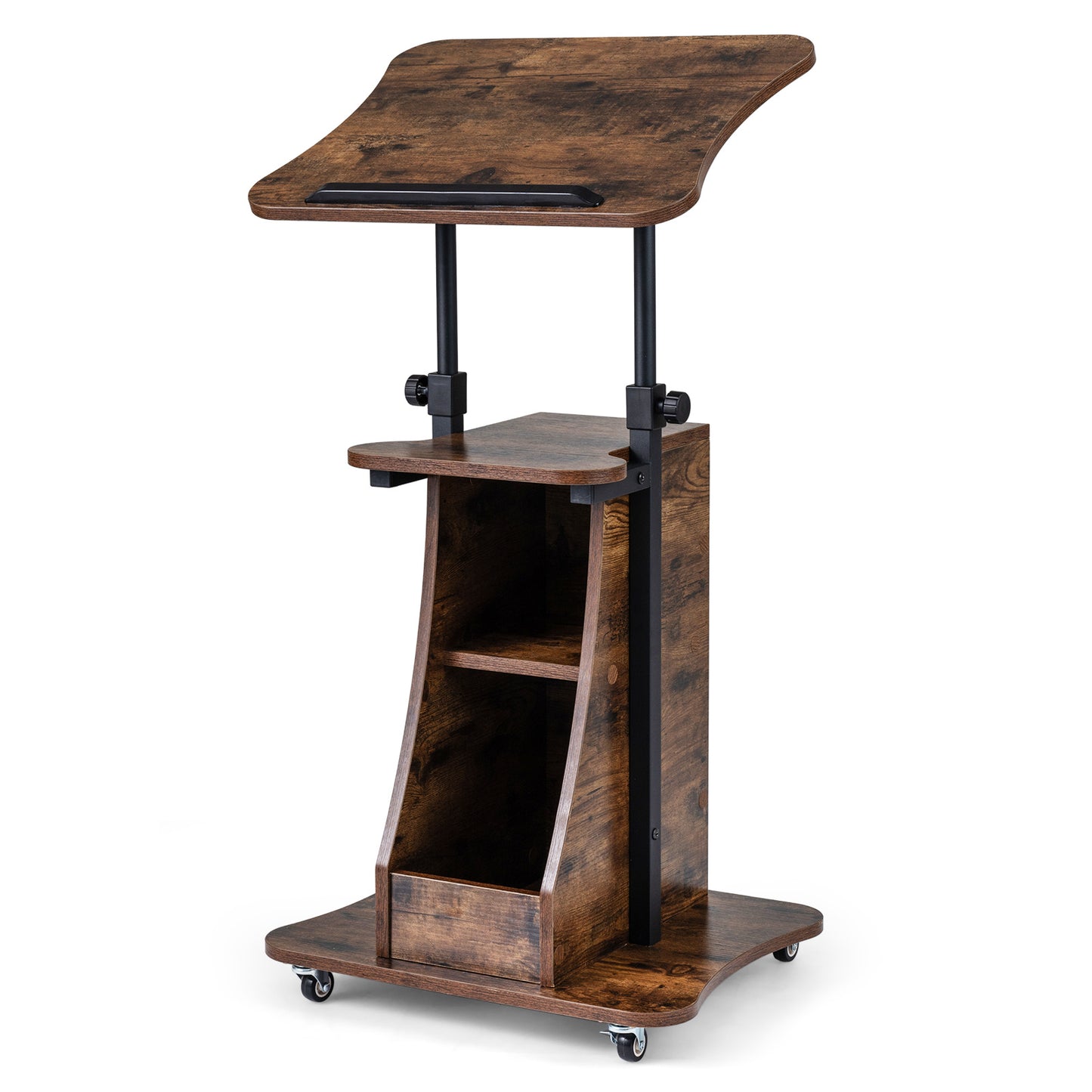 Costway Verstelbare Spreektafel Staande Tafel met Wielen en Kantelbare Tafel Mobiele Staande Bureau Bruin