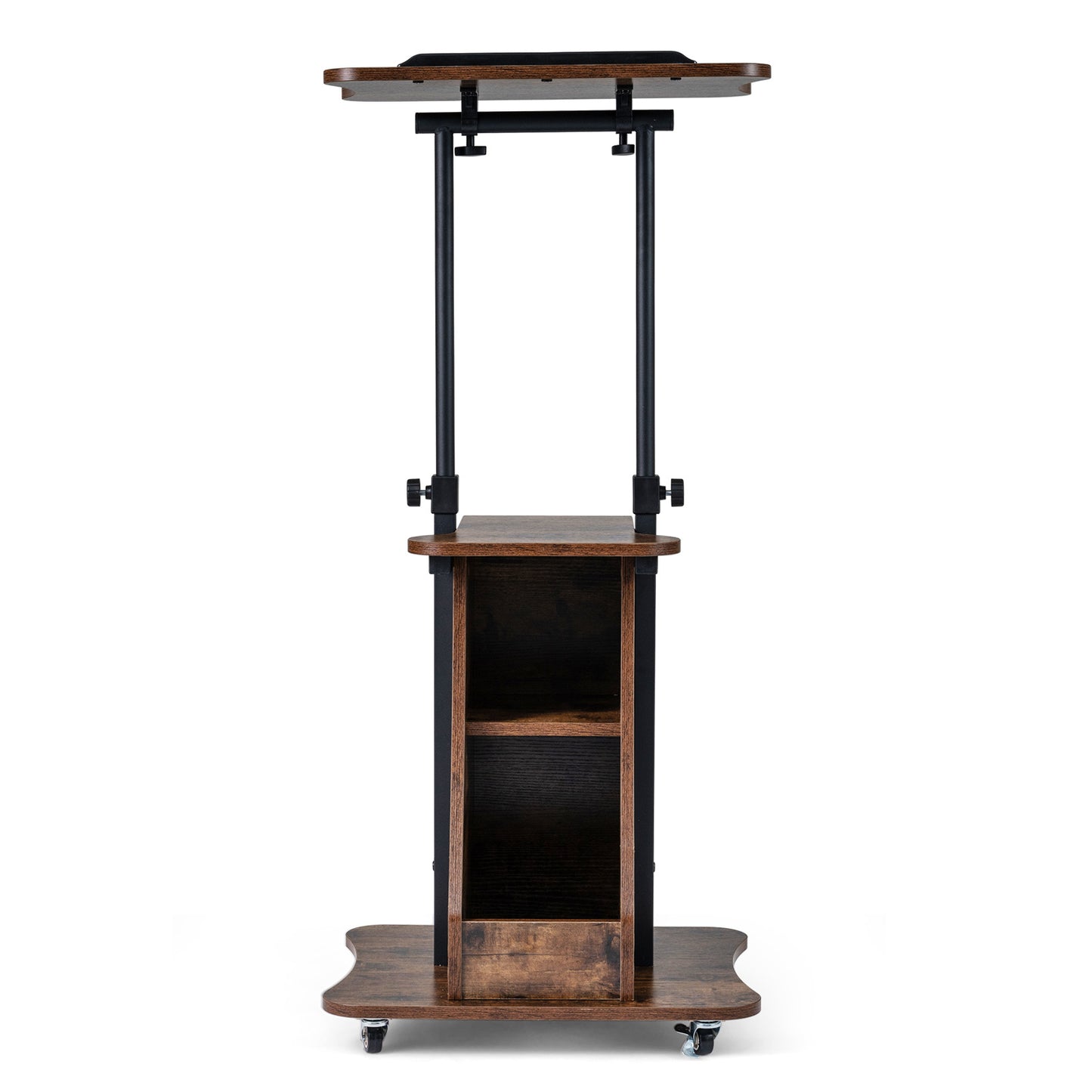 Costway Verstelbare Spreektafel Staande Tafel met Wielen en Kantelbare Tafel Mobiele Staande Bureau Bruin