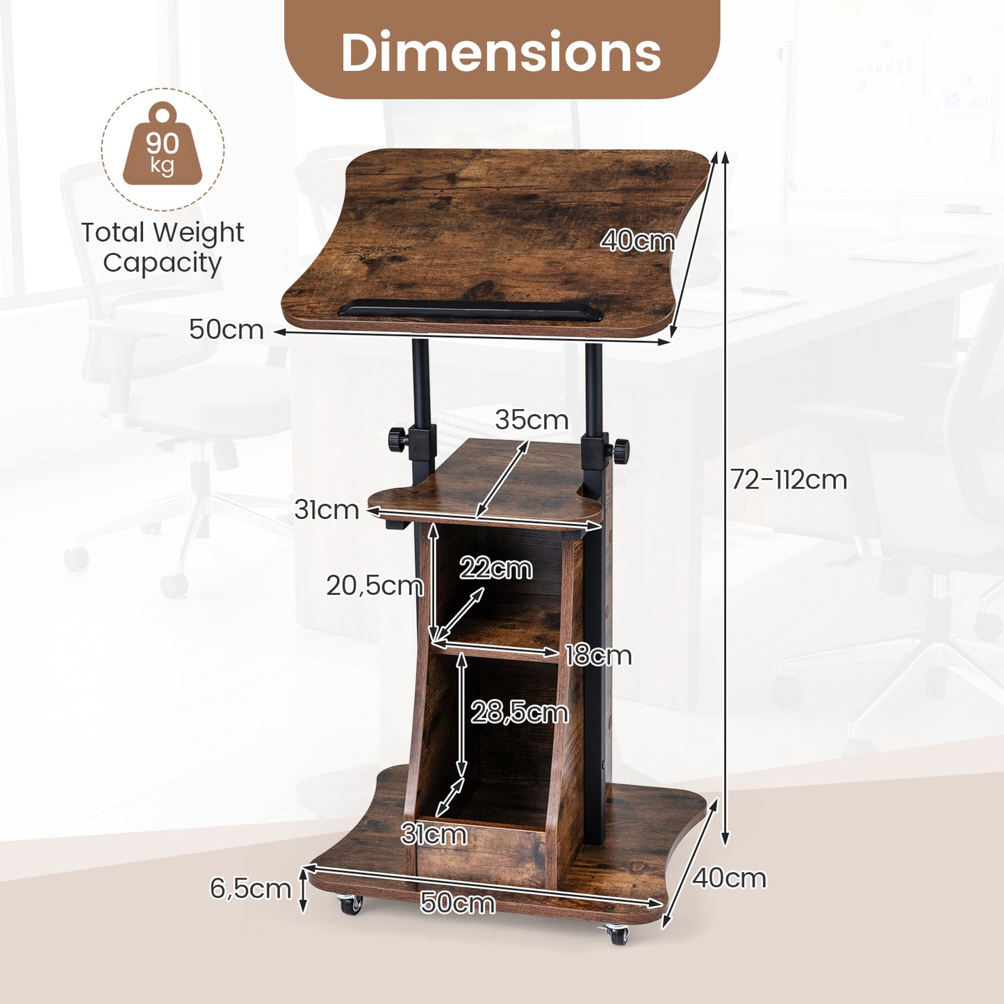Costway Verstelbare Spreektafel Staande Tafel met Wielen en Kantelbare Tafel Mobiele Staande Bureau Bruin