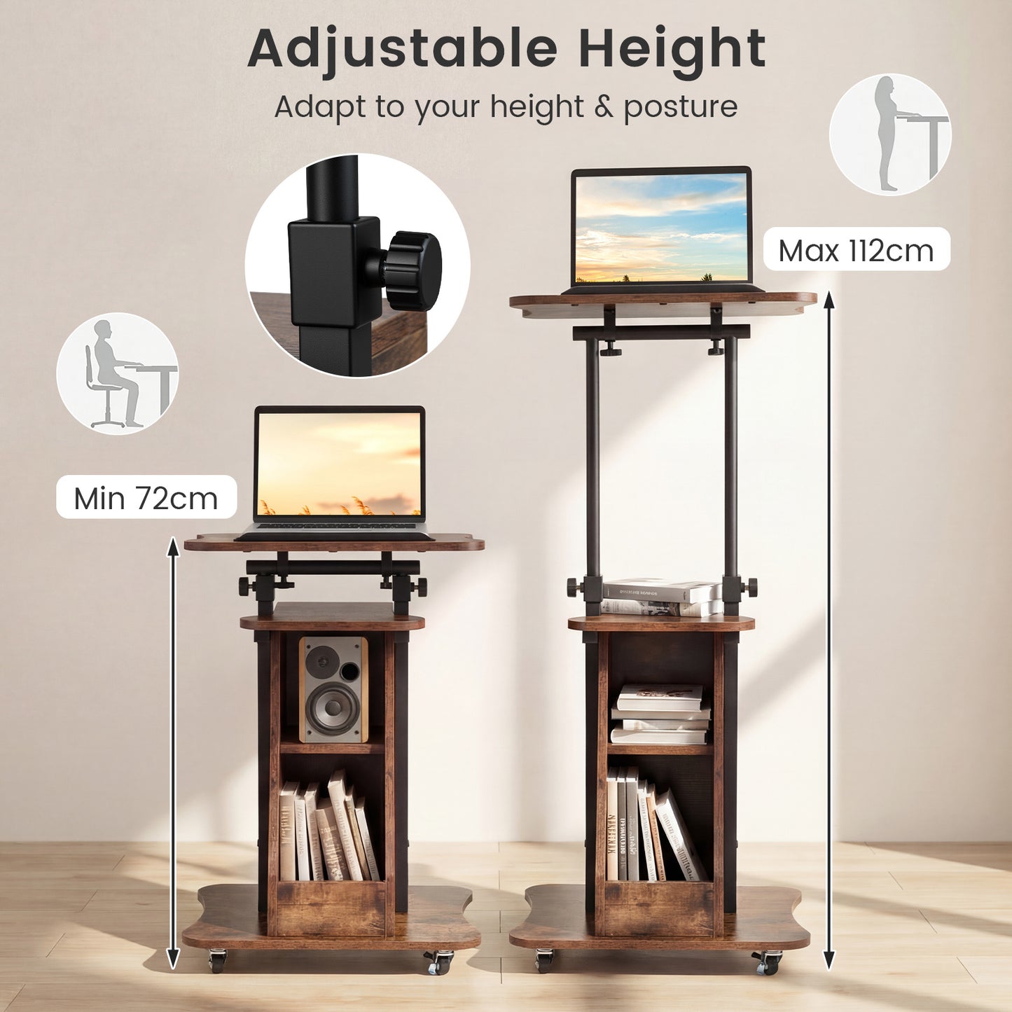 Costway Verstelbare Spreektafel Staande Tafel met Wielen en Kantelbare Tafel Mobiele Staande Bureau Bruin
