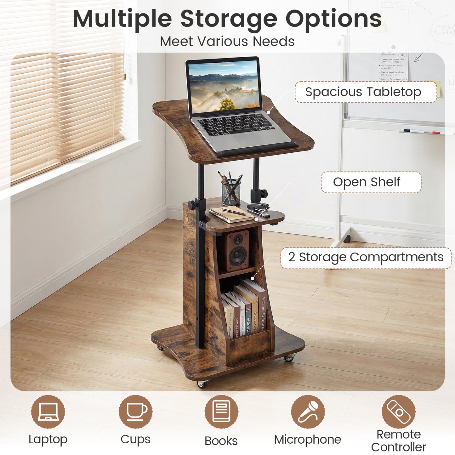 Costway Verstelbare Spreektafel Staande Tafel met Wielen en Kantelbare Tafel Mobiele Staande Bureau Bruin